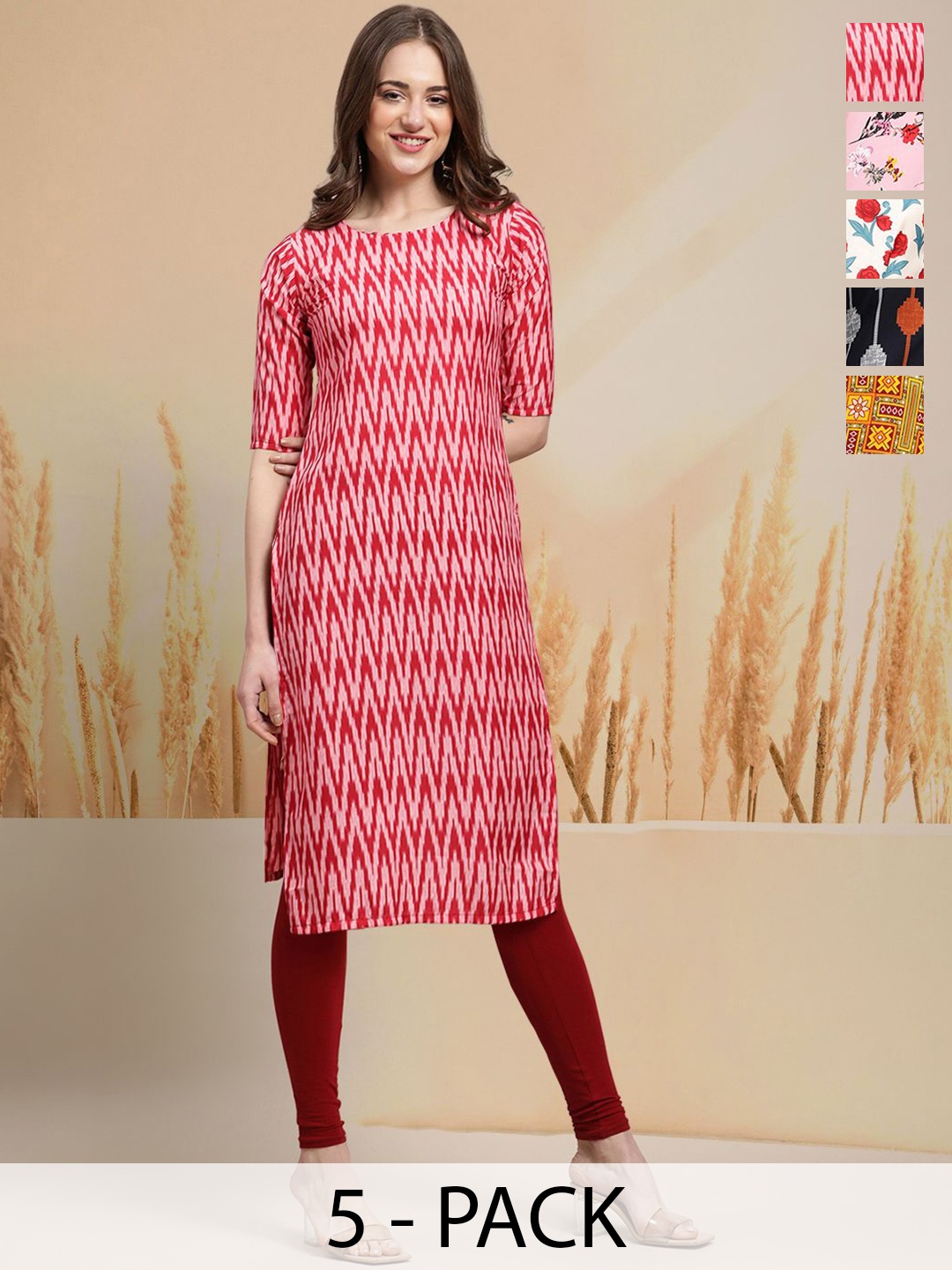 

7Threads Selection Of 5 Chevron Printed Round Neck Straight Kurtas, Red