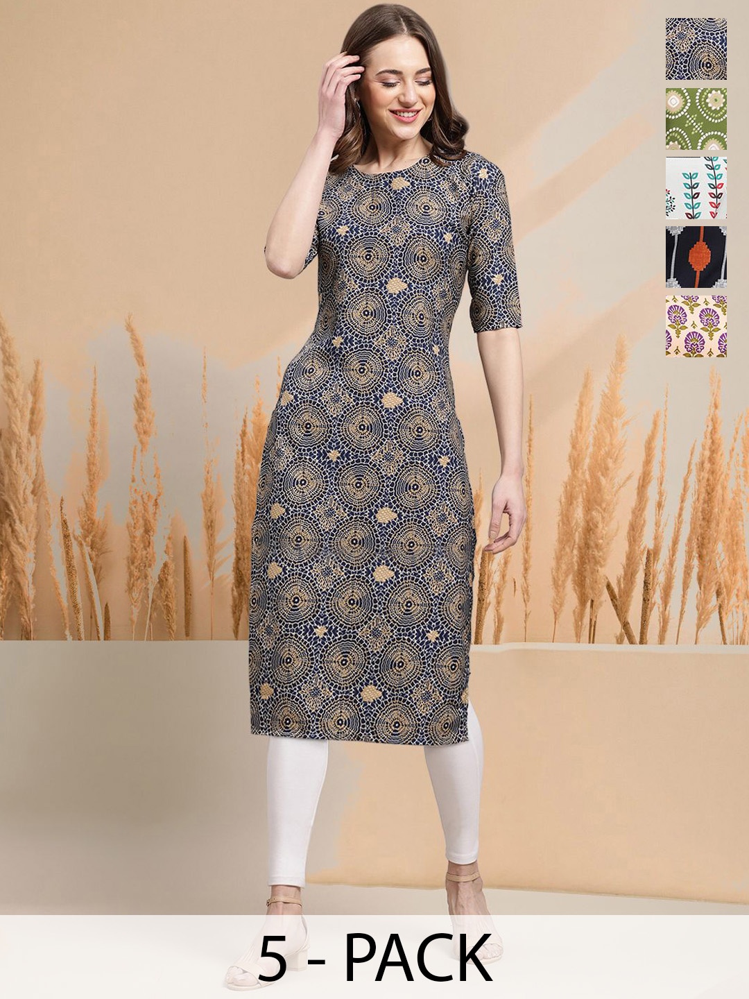 

7Threads Selection Of 5 Geometric Printed Round Neck Straight Kurtas, Navy blue