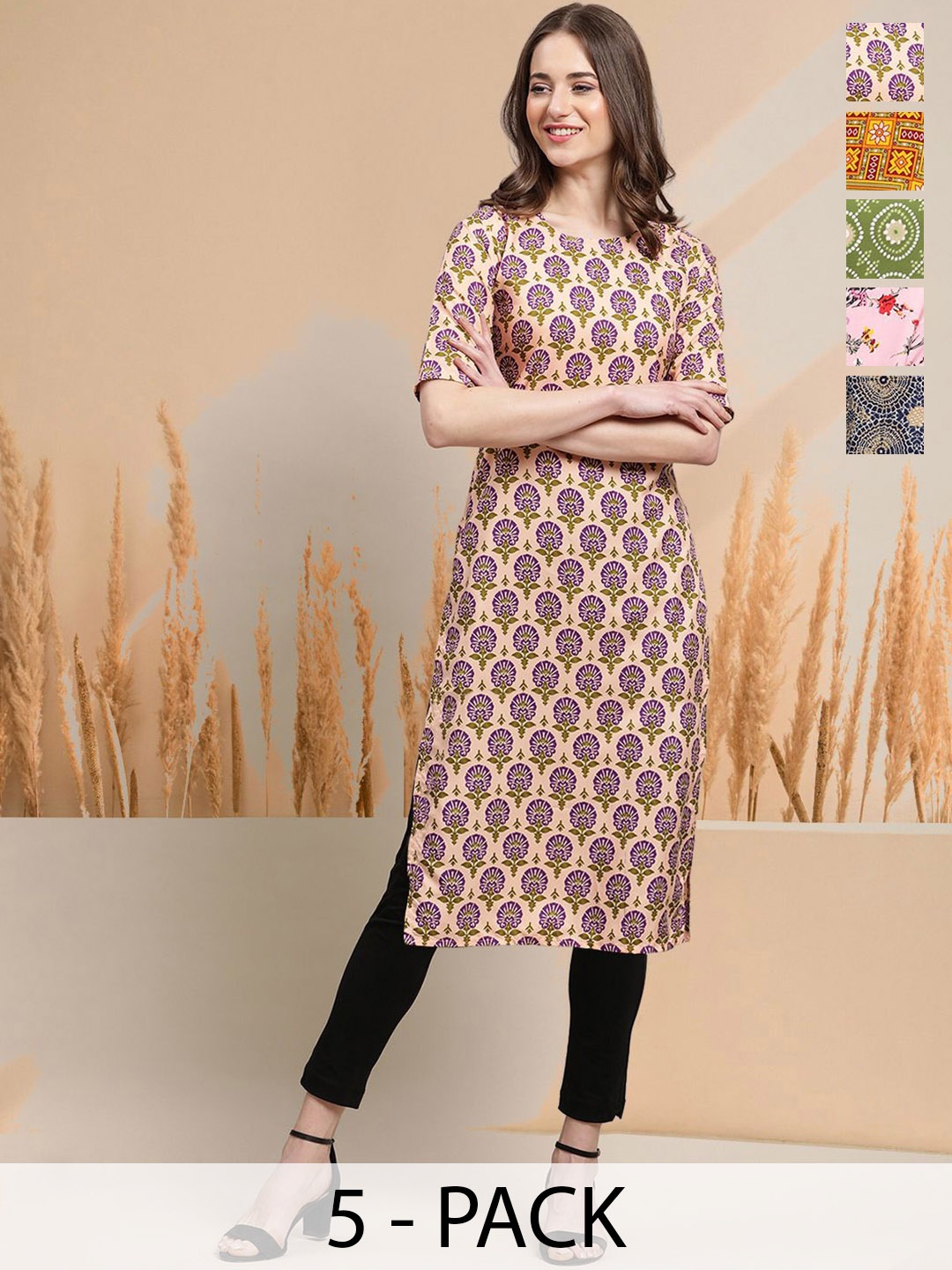 

7Threads Selection Of 5 Floral Printed Round Neck Straight Kurtas, Cream