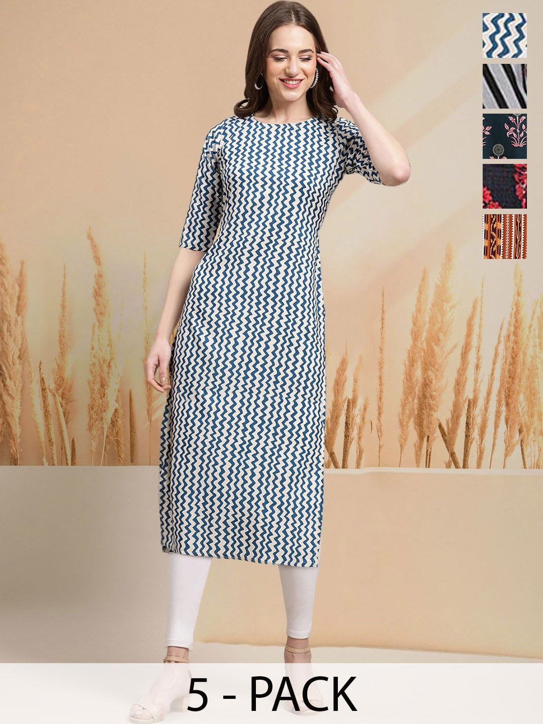 

7Threads Selection Of 5 Chevron Printed Round Neck Straight Kurtas, Blue