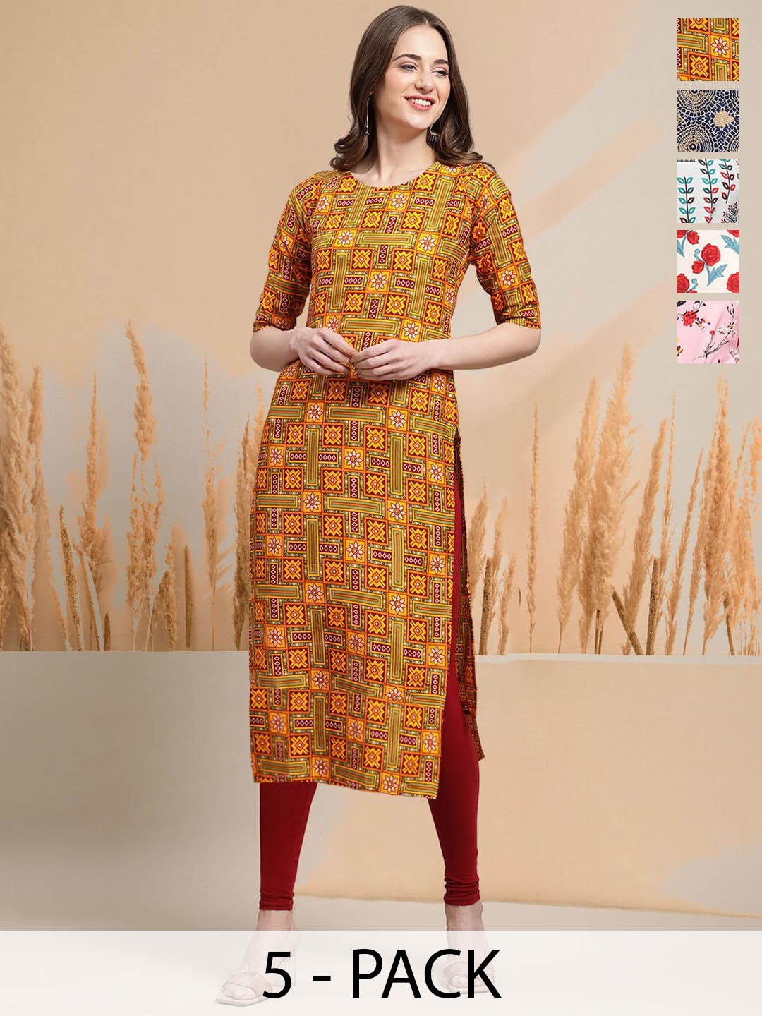 

7Threads Selection Of 5 Ethnic Motifs Printed Round Neck Straight Kurtas, Yellow