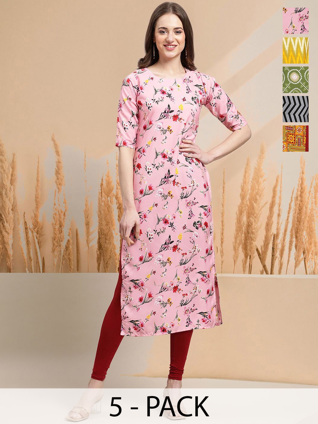 

7Threads Selection Of 5 Floral Printed Round Neck Straight Kurtas, Pink
