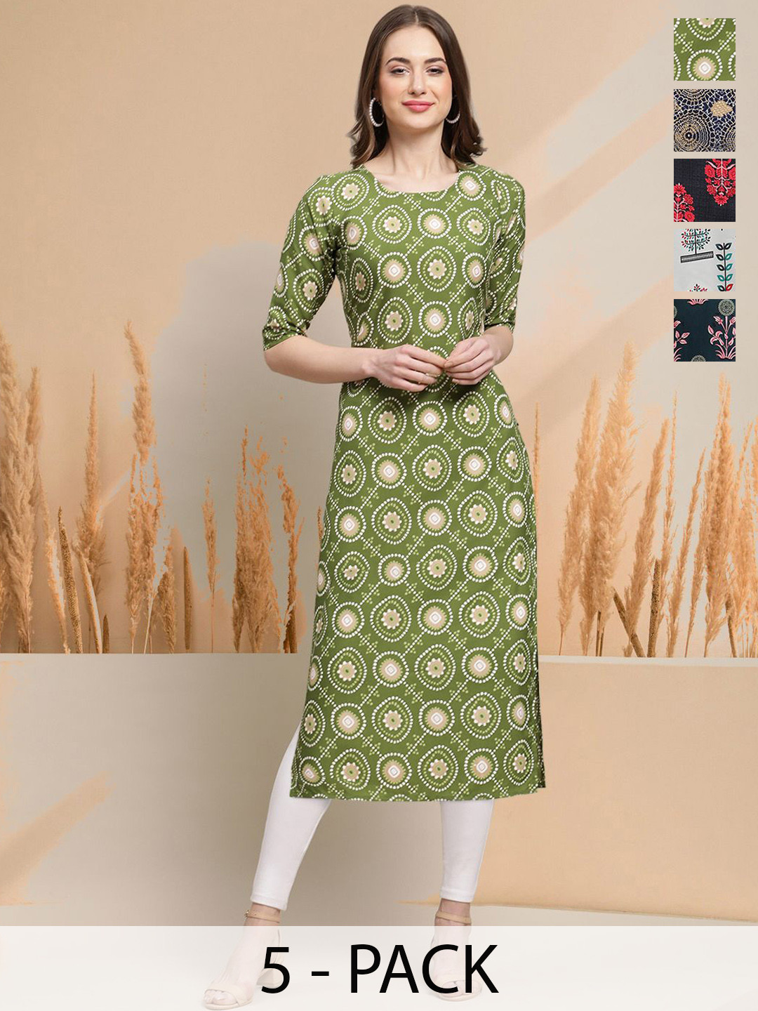 

7Threads Selection Of 5 Ethnic Motifs Printed Round Neck Straight Kurtas, Green