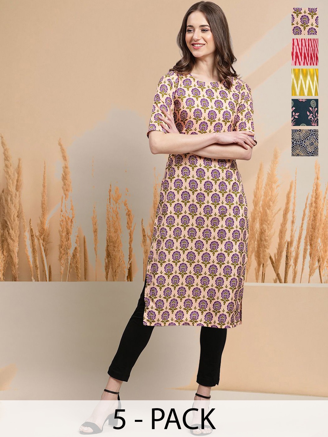 

7Threads Selection Of 5 Floral Printed Round Neck Straight Kurtas, Cream