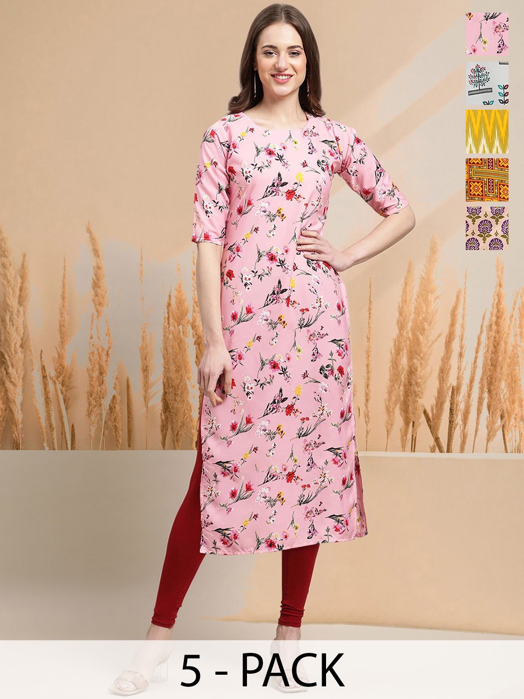 

7Threads Selection Of 5 Floral Printed Round Neck Straight Kurtas, Pink