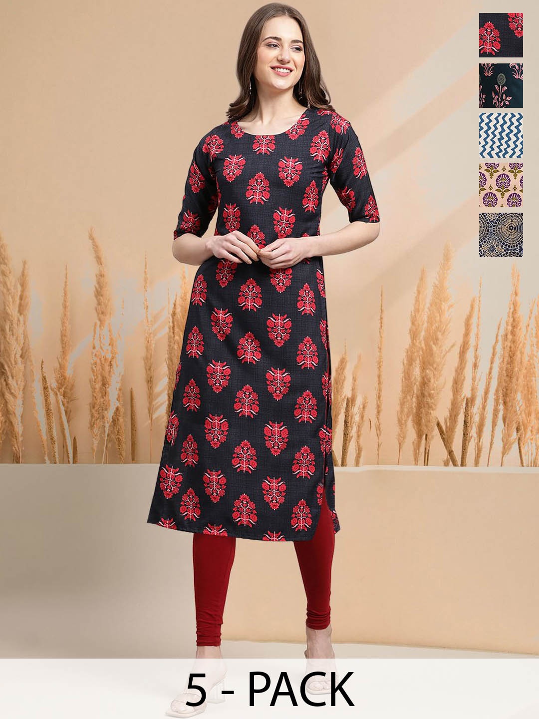 

7Threads Selection Of 5 Floral Printed Round Neck Straight Kurtas, Navy blue