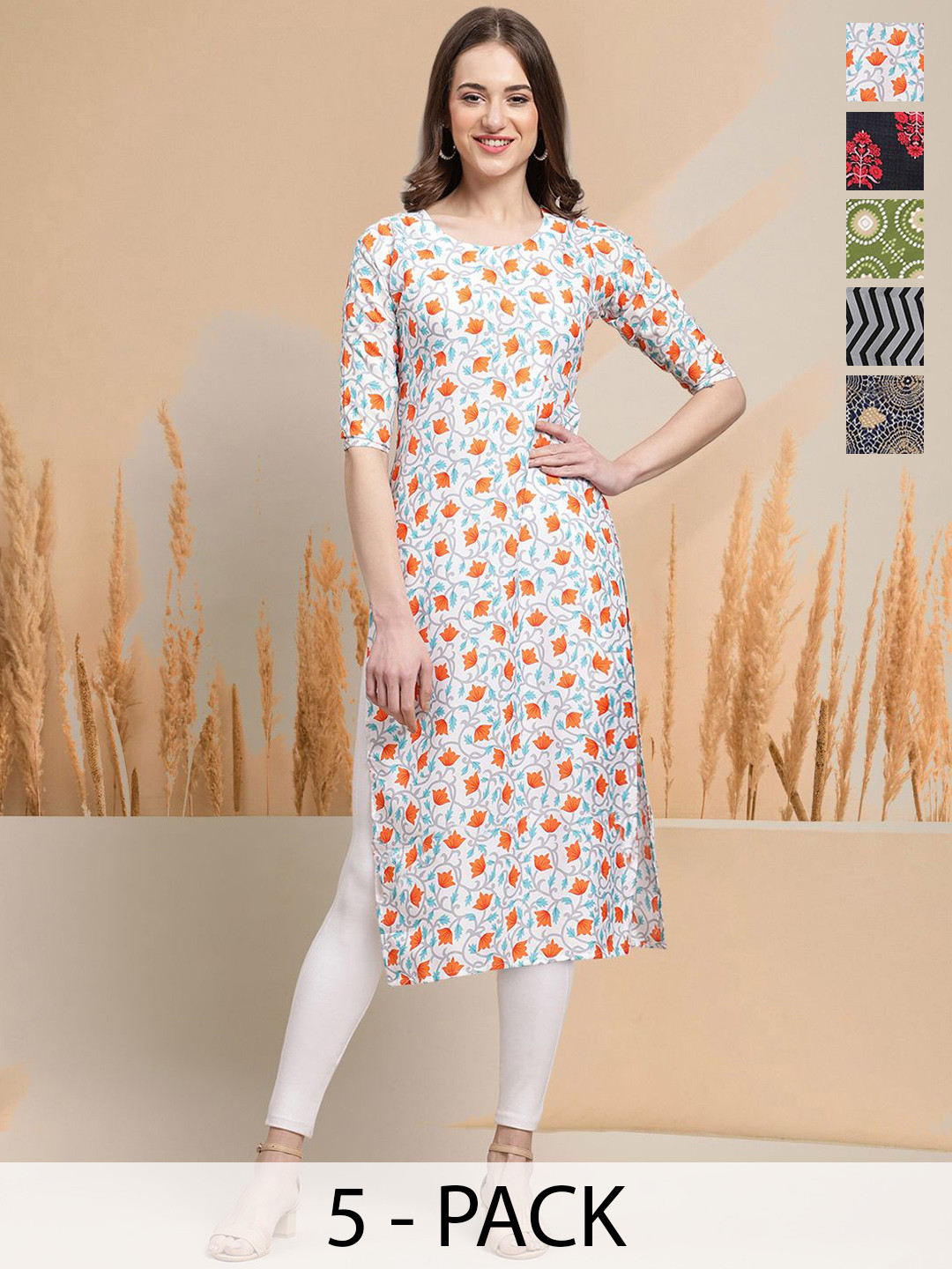 

7Threads Selection Of 5 Ethnic Motifs Printed Round Neck Straight Kurtas, White