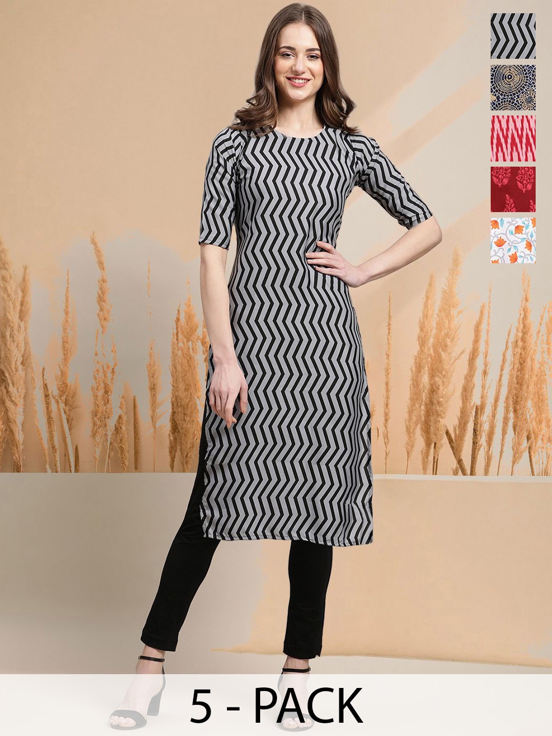 

7Threads Selection Of 5 Chevron Printed Round Neck Straight Kurtas, Black
