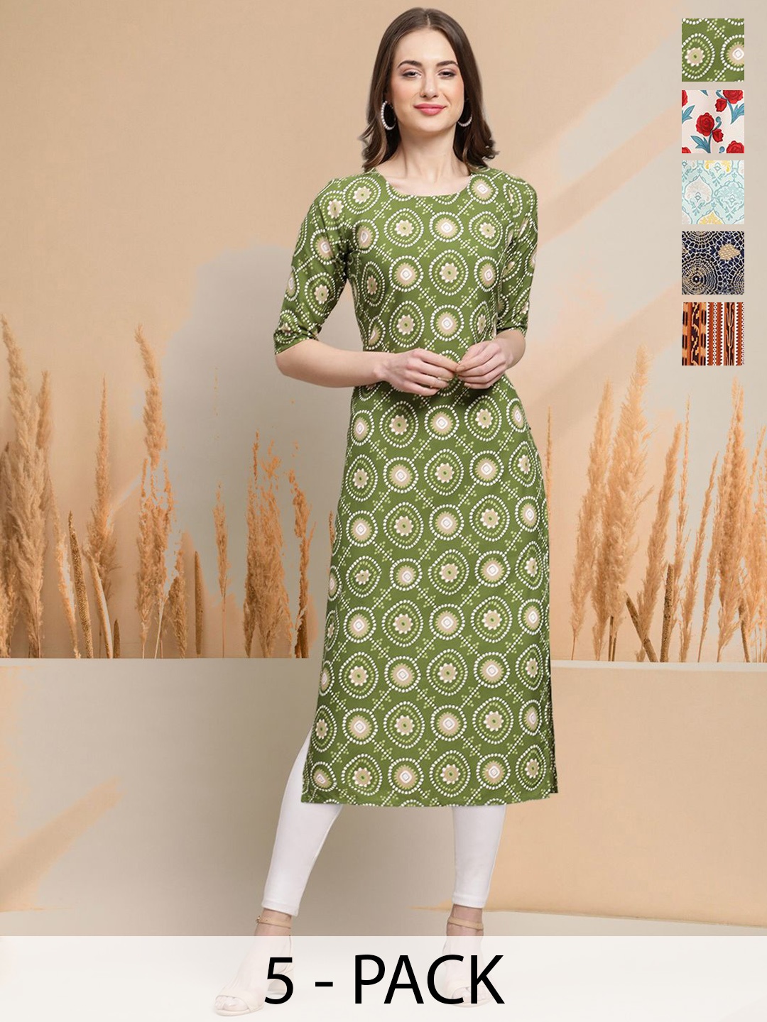 

7Threads Selection Of 5 Ethnic Motifs Printed Round Neck Straight Kurtas, Green