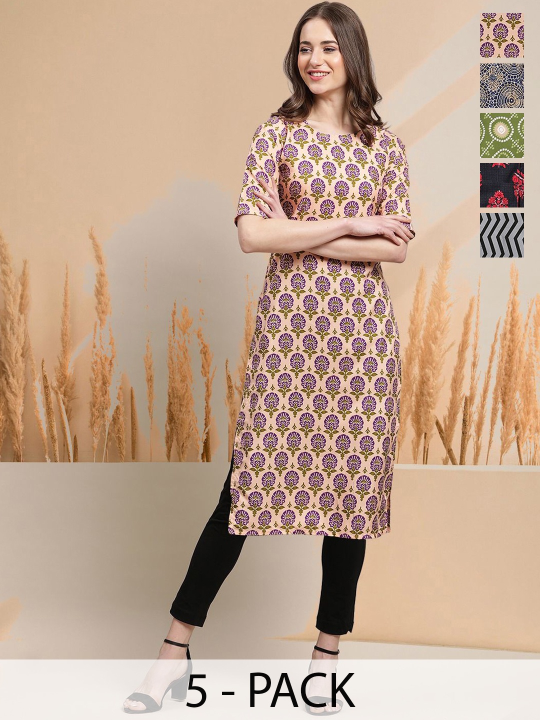 

7Threads Selection Of 5 Floral Printed Round Neck Straight Kurtas, Peach