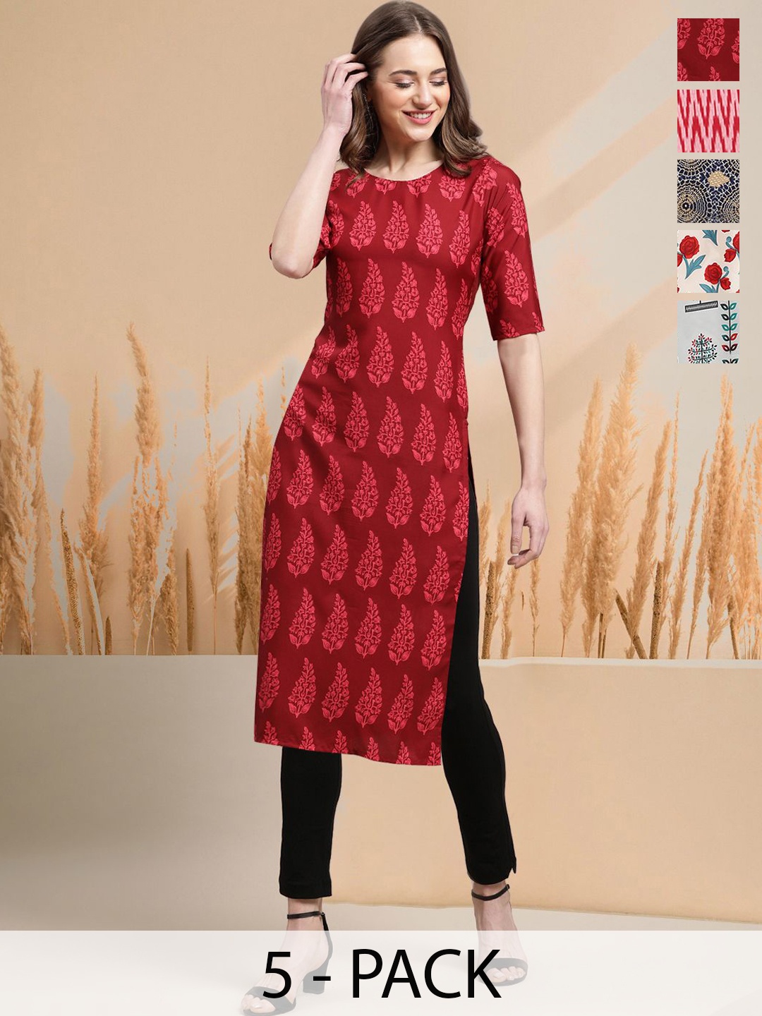 

7Threads Selection Of 5 Ethnic Motifs Printed Round Neck Straight Kurtas, Red