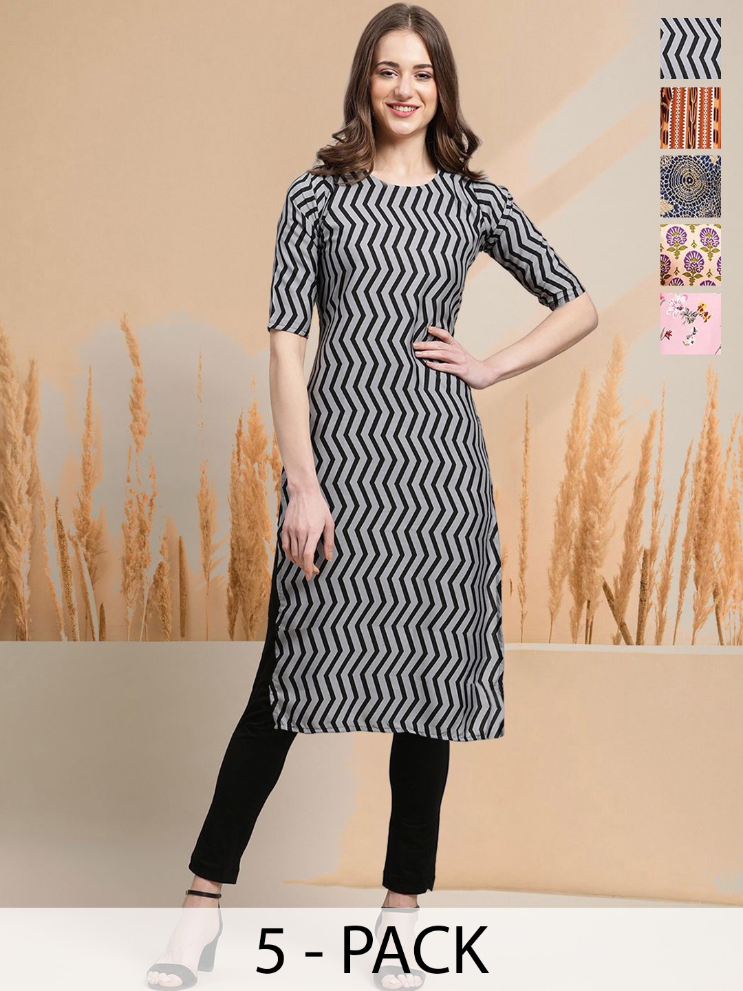 

7Threads Selection Of 5 Chevron Printed Round Neck Straight Kurtas, Grey