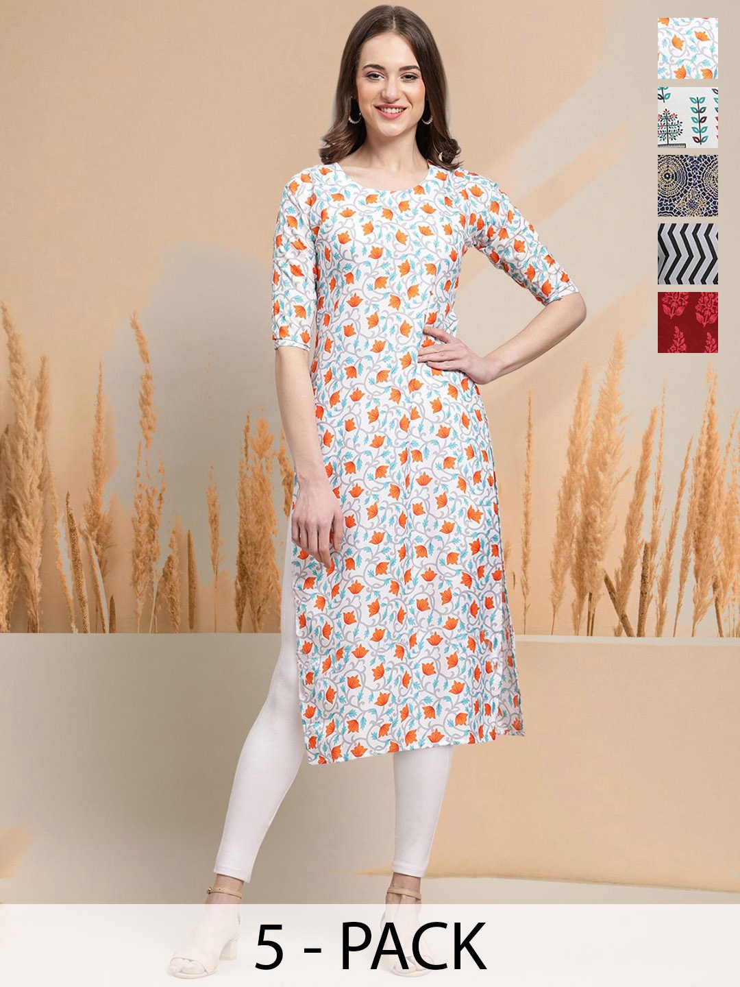 

7Threads Selection Of 5 Floral Printed Round Neck Straight Kurtas, White