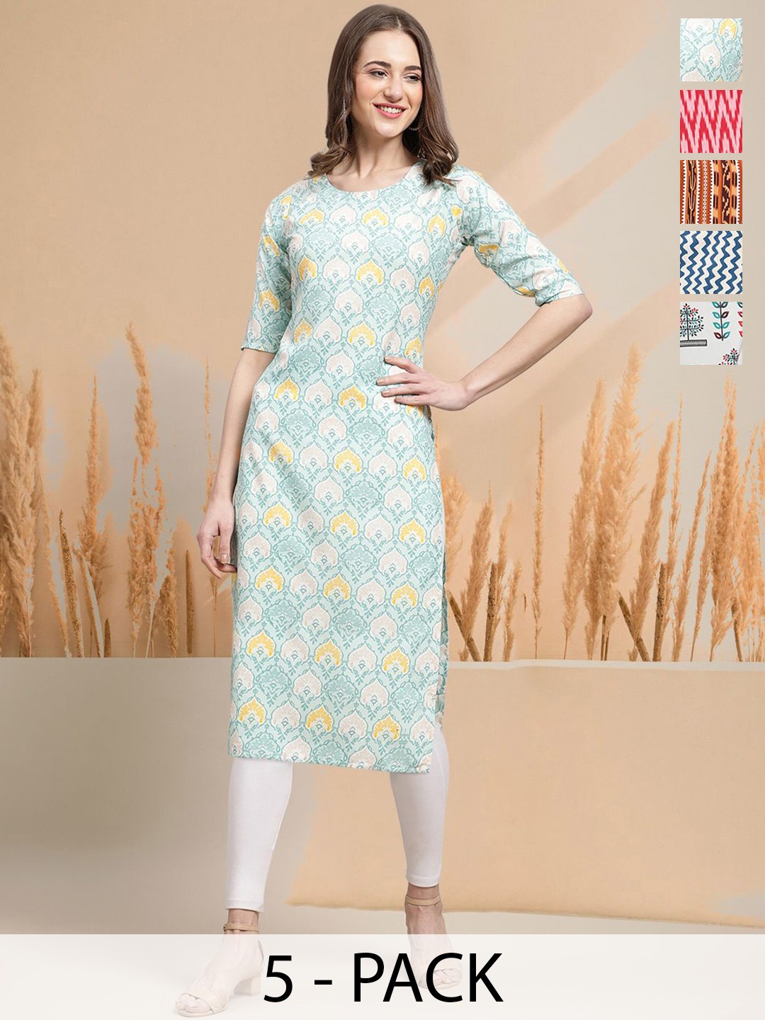 

7Threads Selection Of 5 Ethnic Motifs Printed Round Neck Straight Kurtas, White