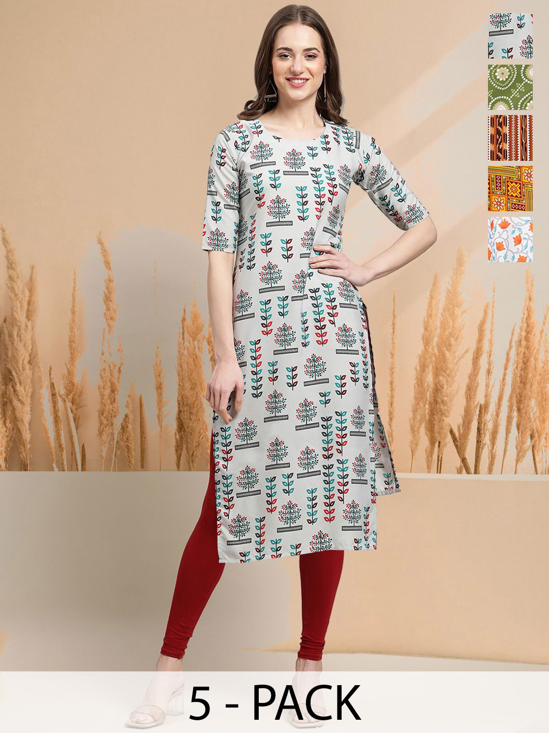 

7Threads Selection Of 5 Floral Printed Round Neck Straight Kurtas, Off white