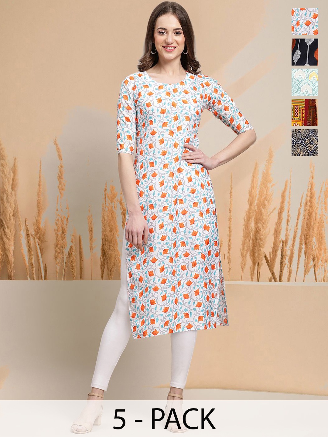 

7Threads Selection of 5 Floral Printed Round Neck Straight Kurtas, White