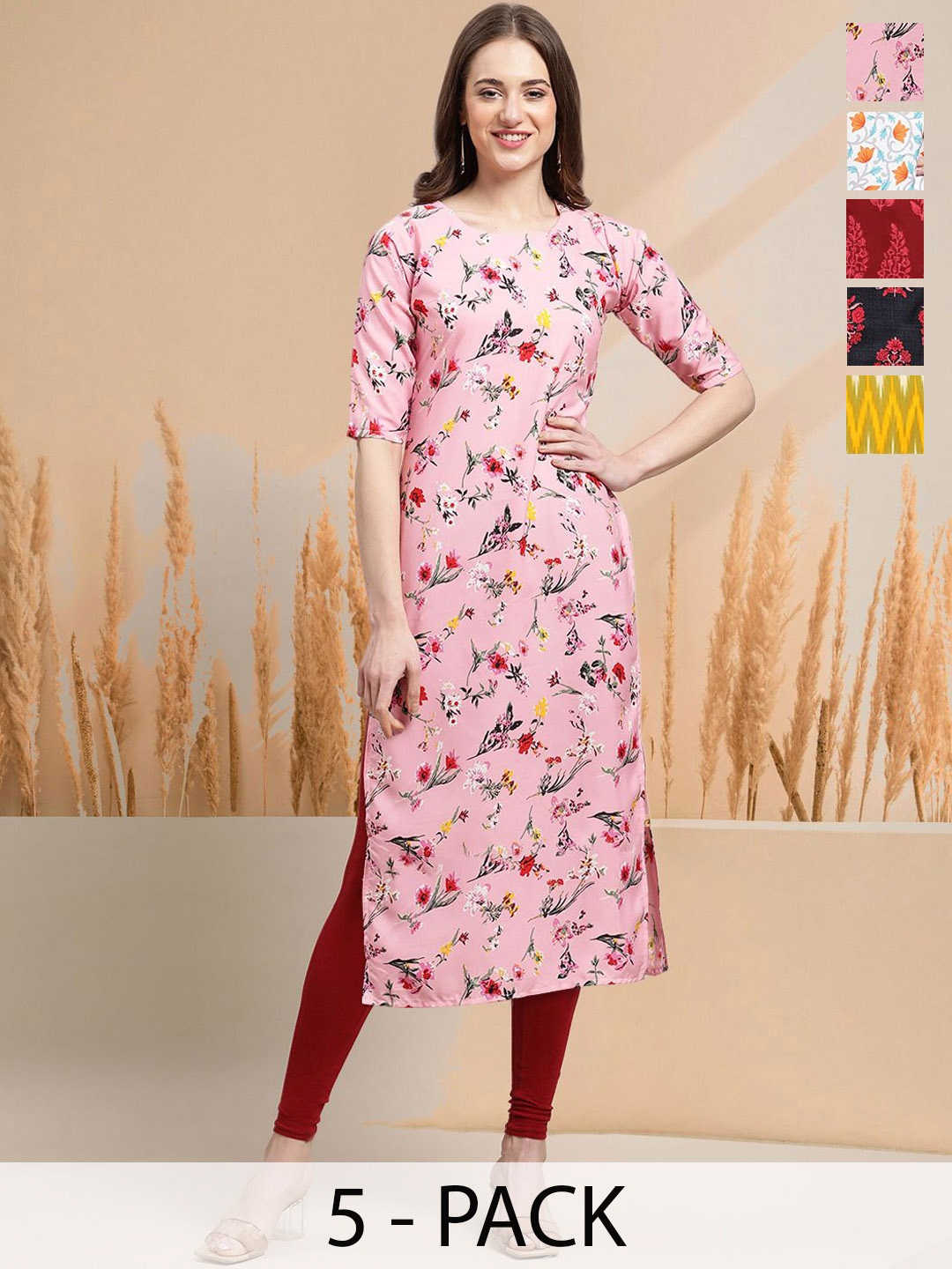 

7Threads Selection Of 5 Floral Printed Round Neck Straight Kurtas, Pink
