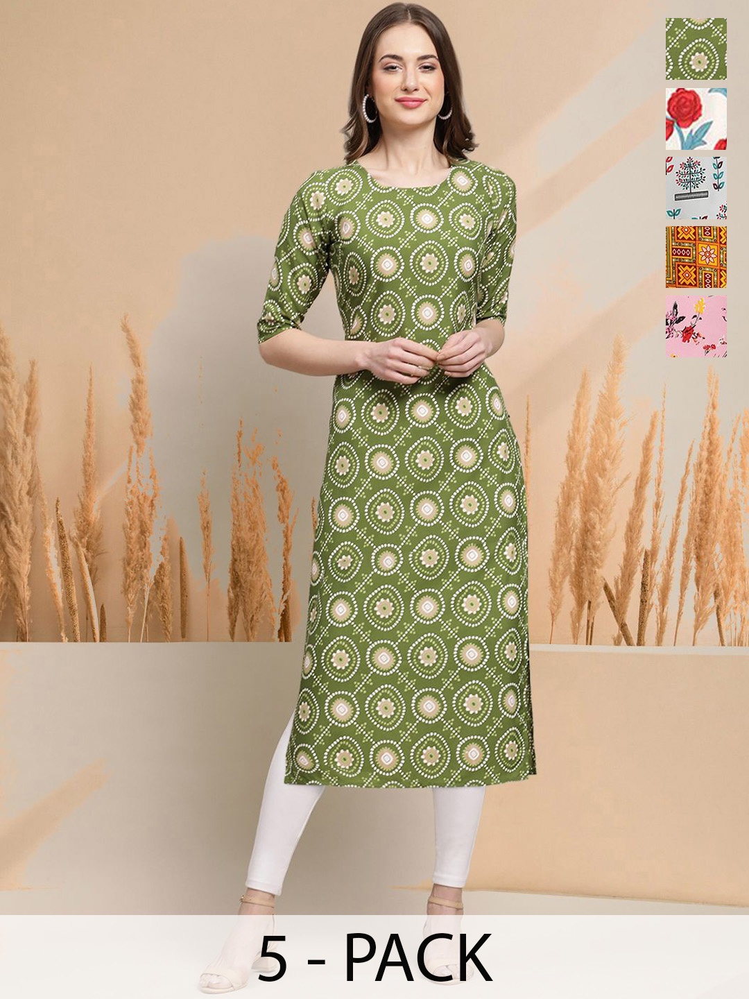 

7Threads Selection Of 5 Ethnic Motifs Printed Round Neck Straight Kurtas, Green