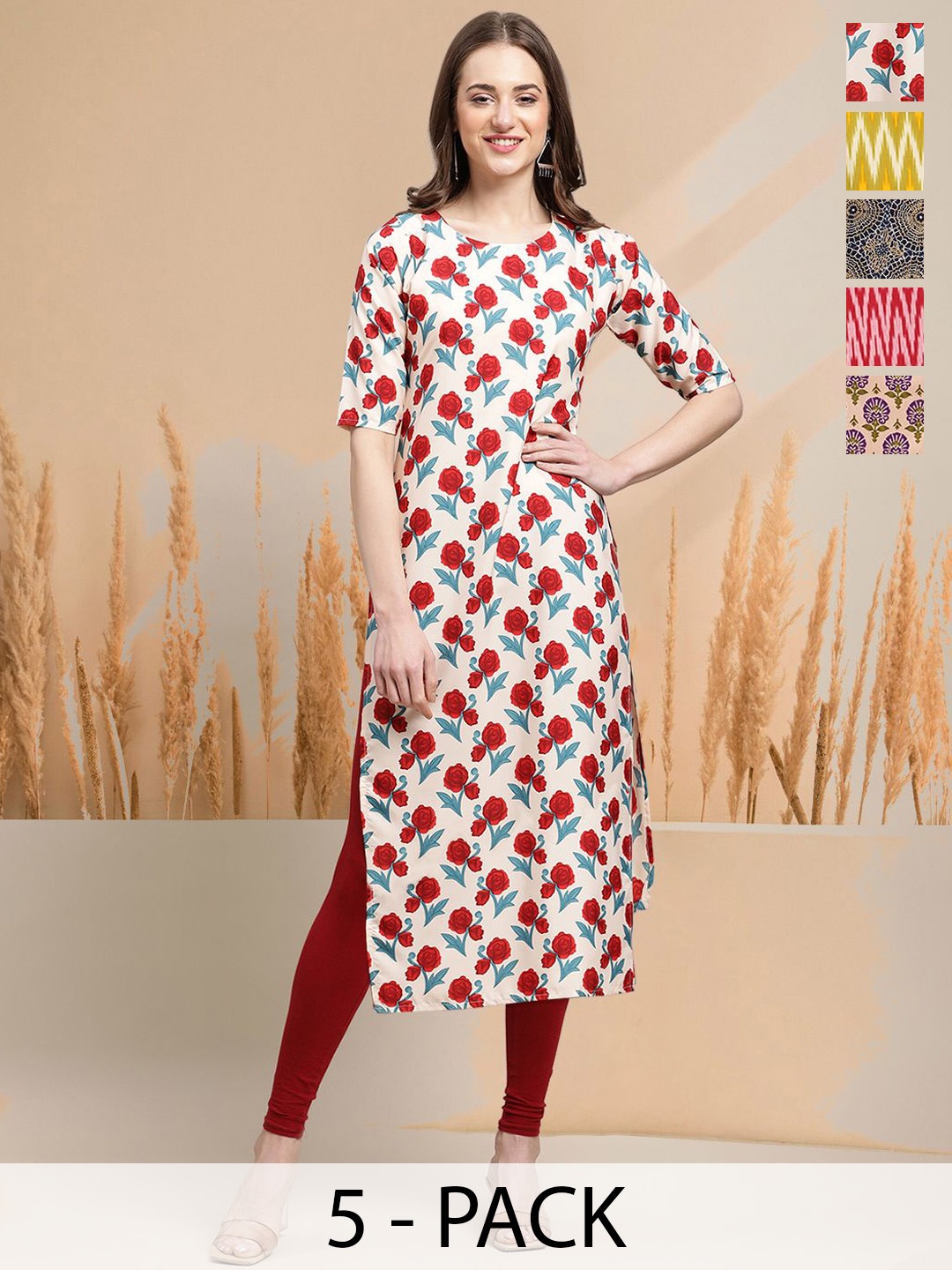 7Threads Selection Of 5 Floral Printed Round Neck Kurtas, White