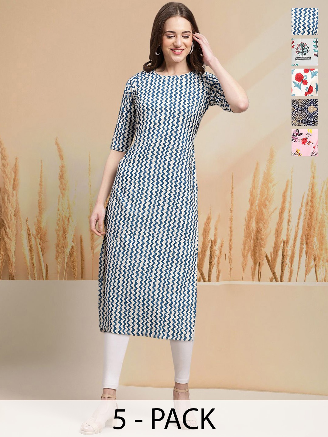 

7Threads Selection Of 5 Chevron Printed Round Neck Straight Kurtas, Navy blue