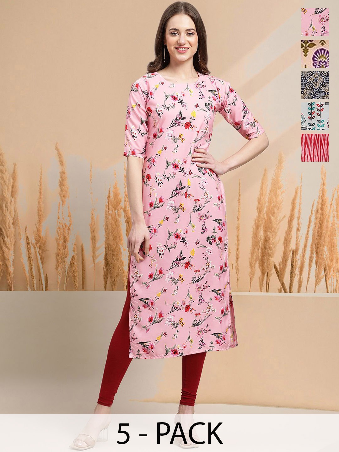 

7Threads Selection Of 5 Floral Printed Round Neck Straight Kurtas, Pink