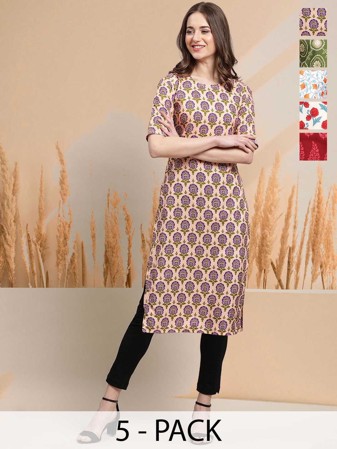 

7Threads Selection Of 5 Ethnic Motifs Printed Round Neck Straight Kurtas, Peach