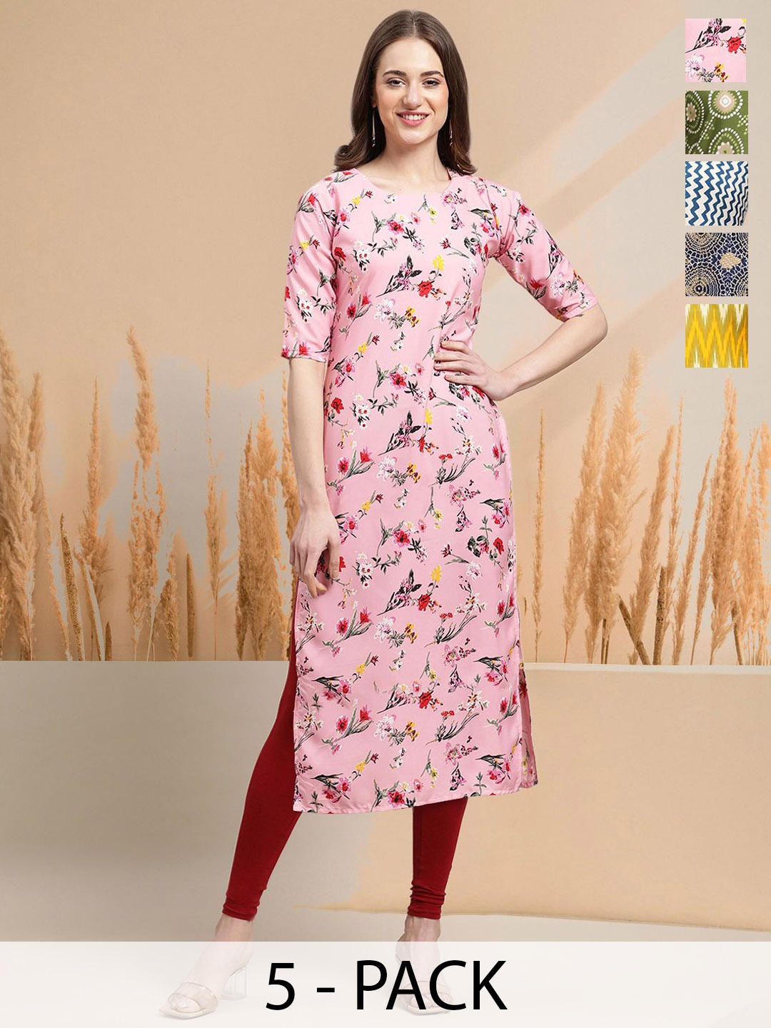 

7Threads Selection Of 5 Floral Printed Round Neck Straight Kurtas, Pink