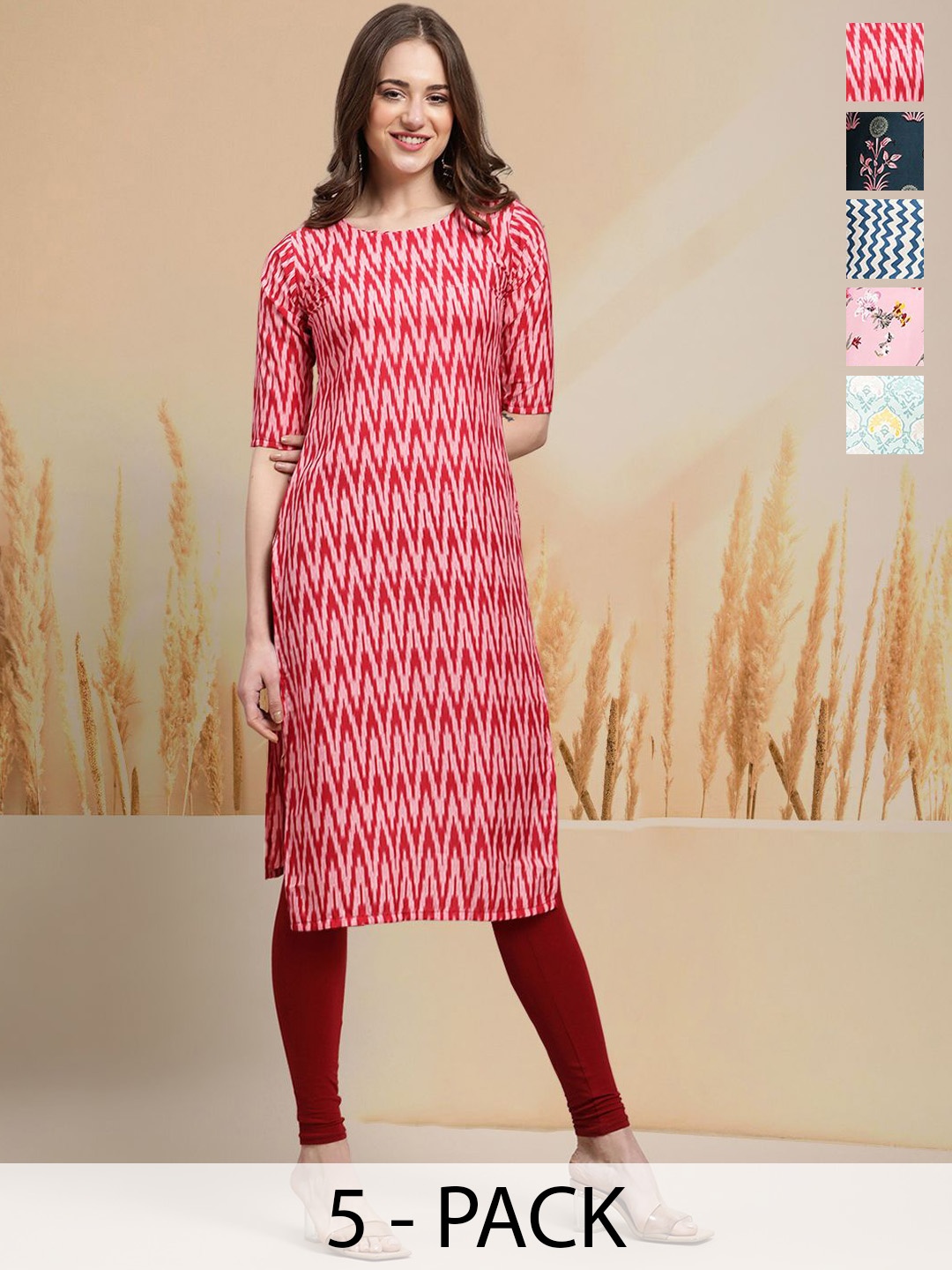 

7Threads Selection Of 5 Chevron Printed Round Neck Kurtas, Pink