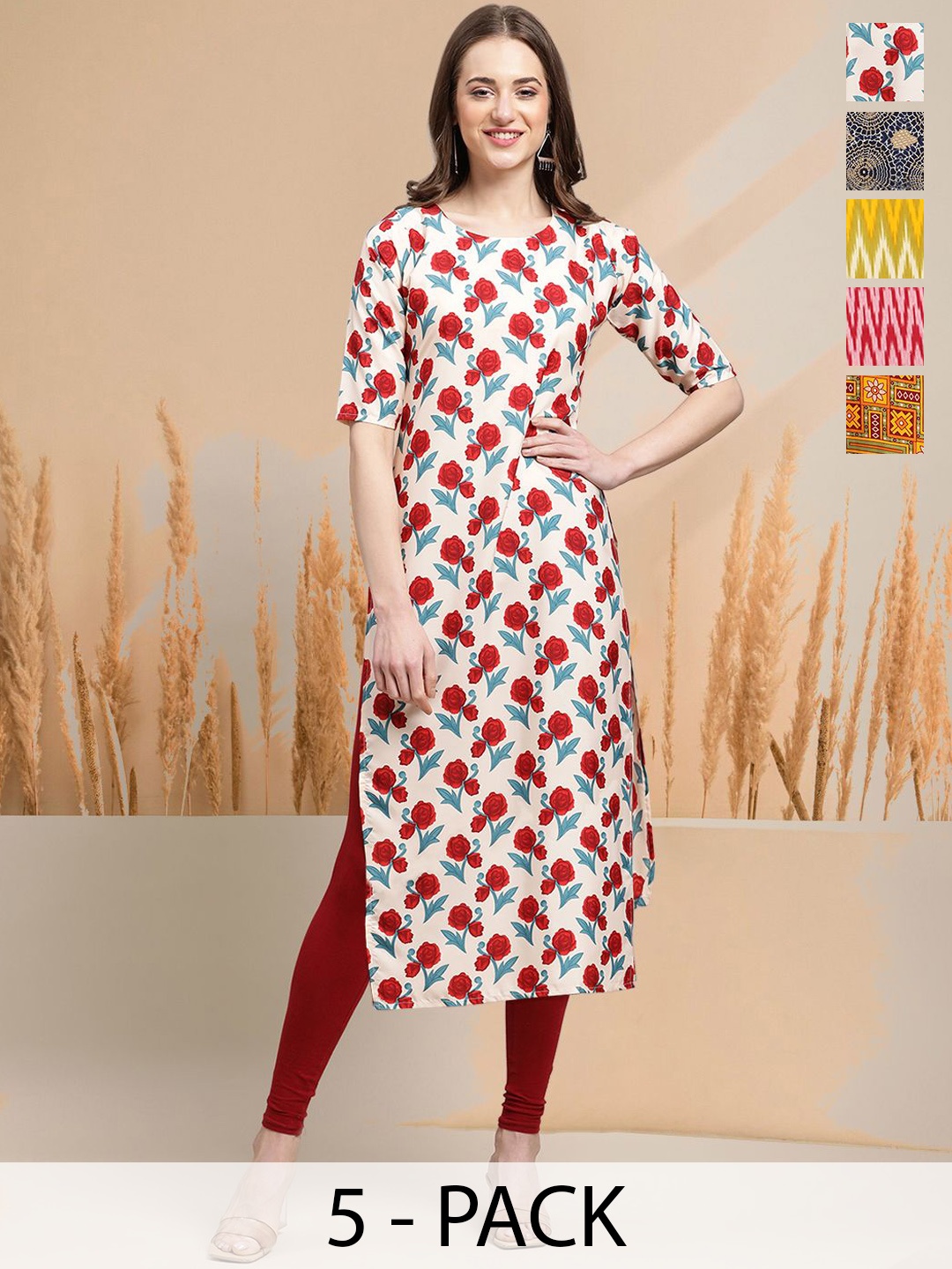 7Threads Selection of 5 Floral Printed Round Neck Straight Kurtas, White