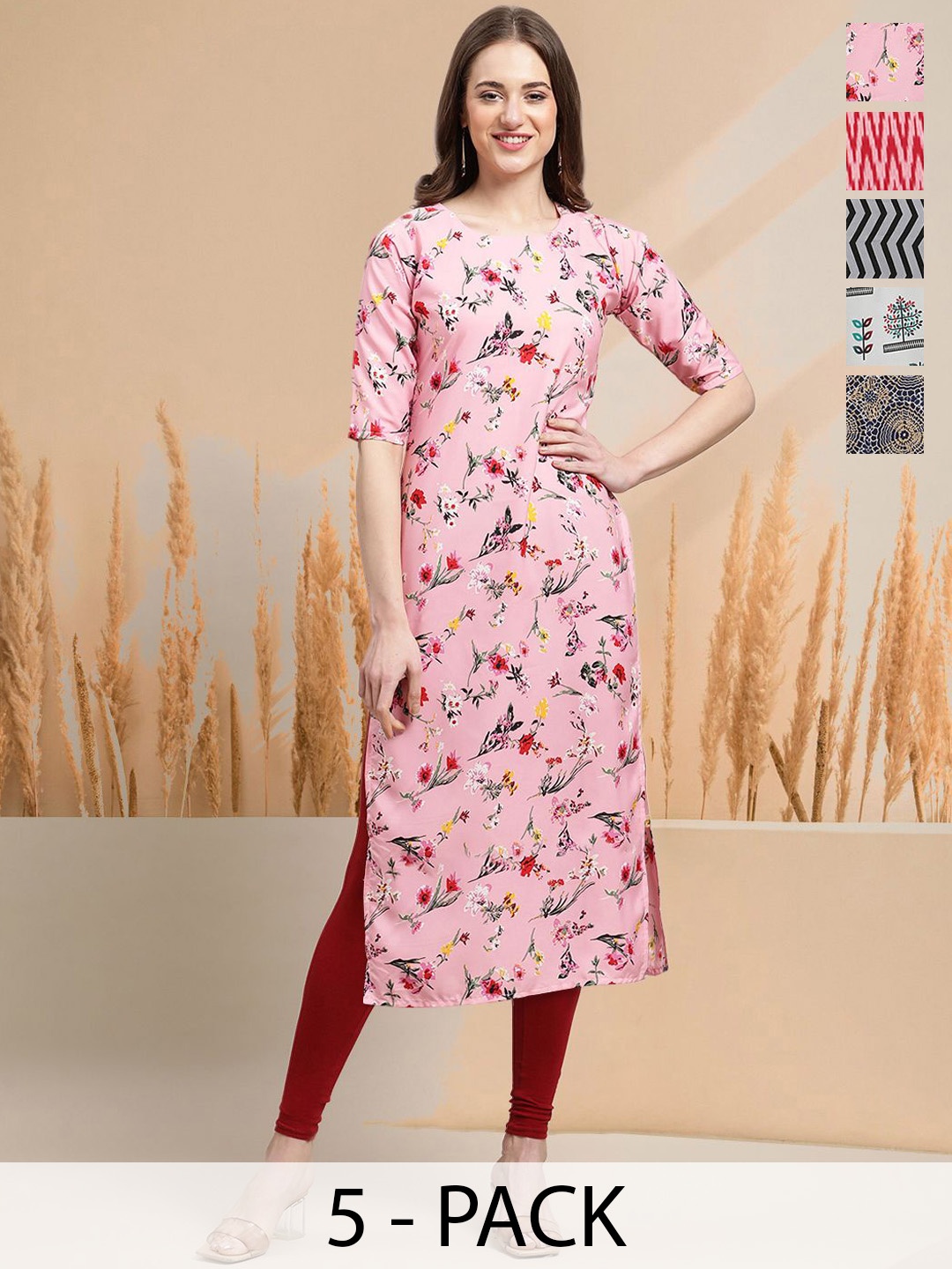 7Threads Selection Of 5 Floral Printed Round Neck Straight Kurtas, Pink