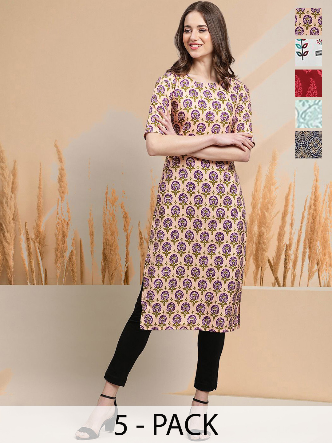 

7Threads Selection Of 5 Floral Printed Round Neck Straight Kurtas, Cream