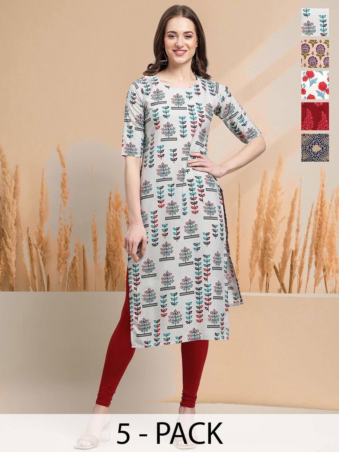 

7Threads Selection Of 5 Floral Printed Round Neck Straight Kurtas, Grey