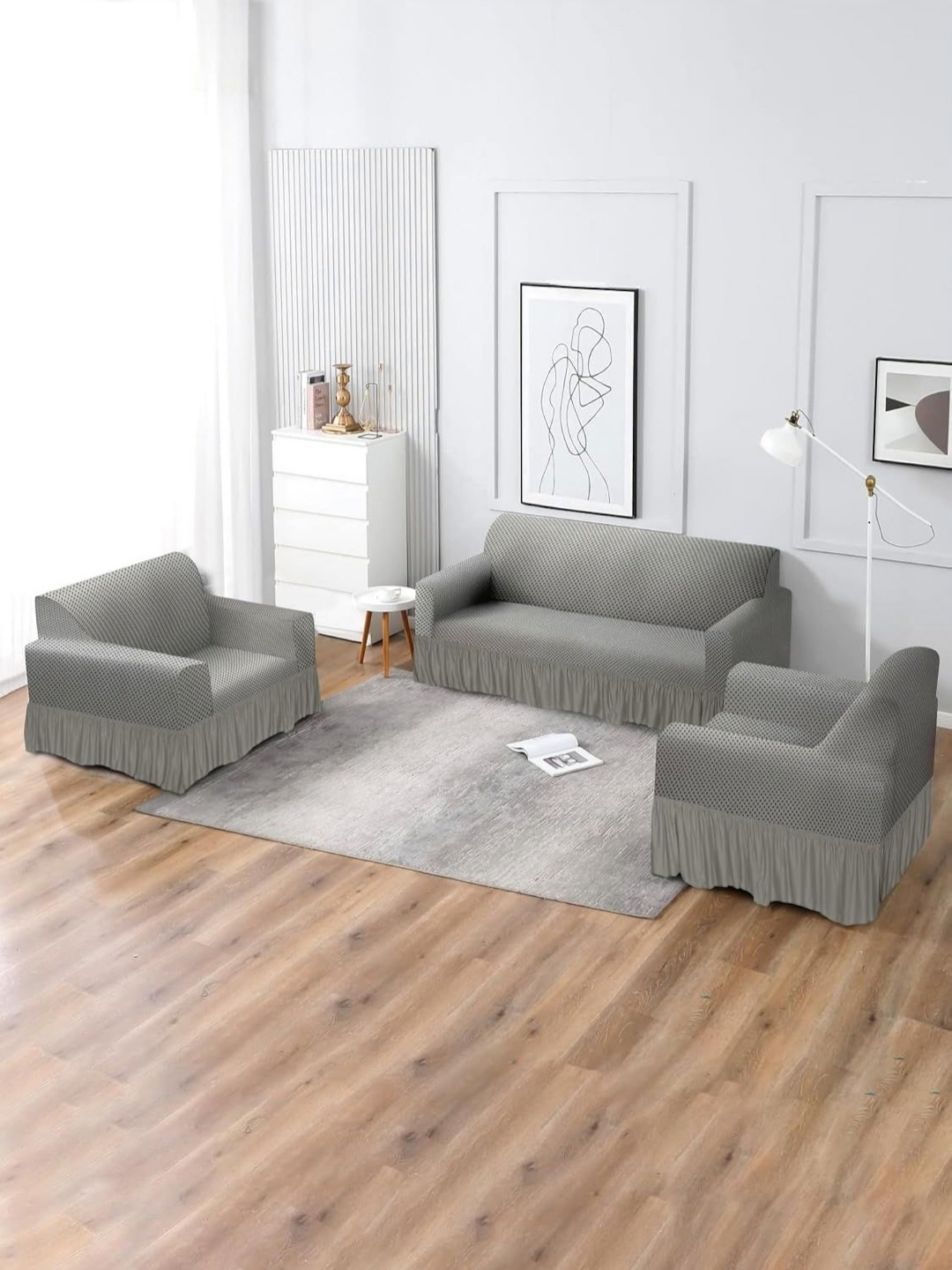 

MULTITEX Silver Toned 3 Pieces Self Design Elasticated Five Seater Sofa Covers