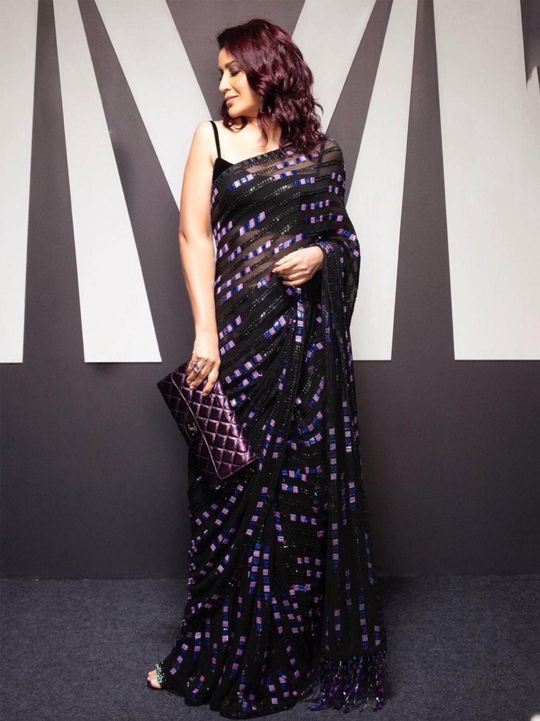 Trendmalls Embellished Sequinned Pure Georgette Heavy Work Saree, Black