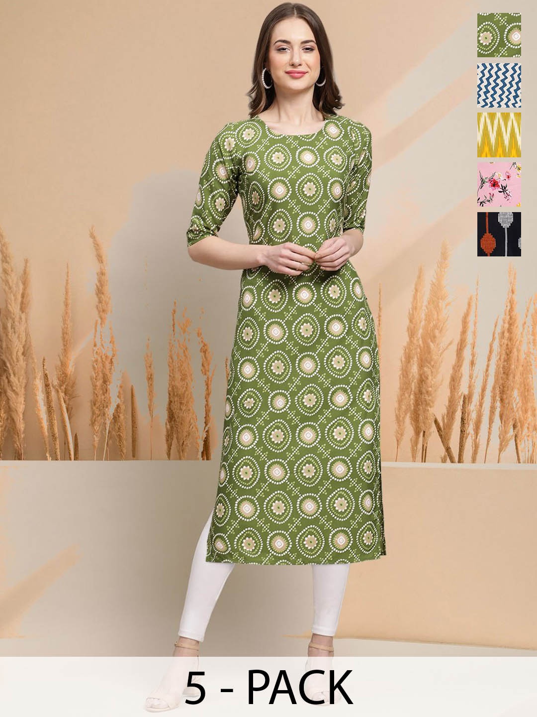 

7Threads Selection of 5 Geometric Printed Round Neck Straight Kurtas, Green