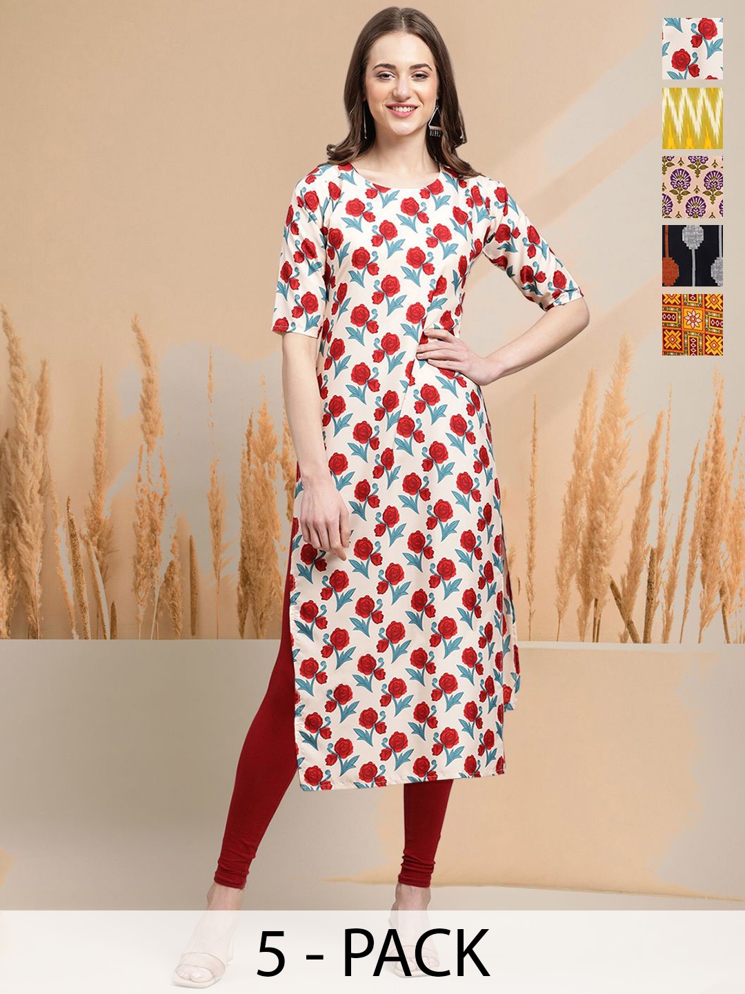 

7Threads Selection Of 5 Floral Printed Round Neck Straight Kurtas, Cream