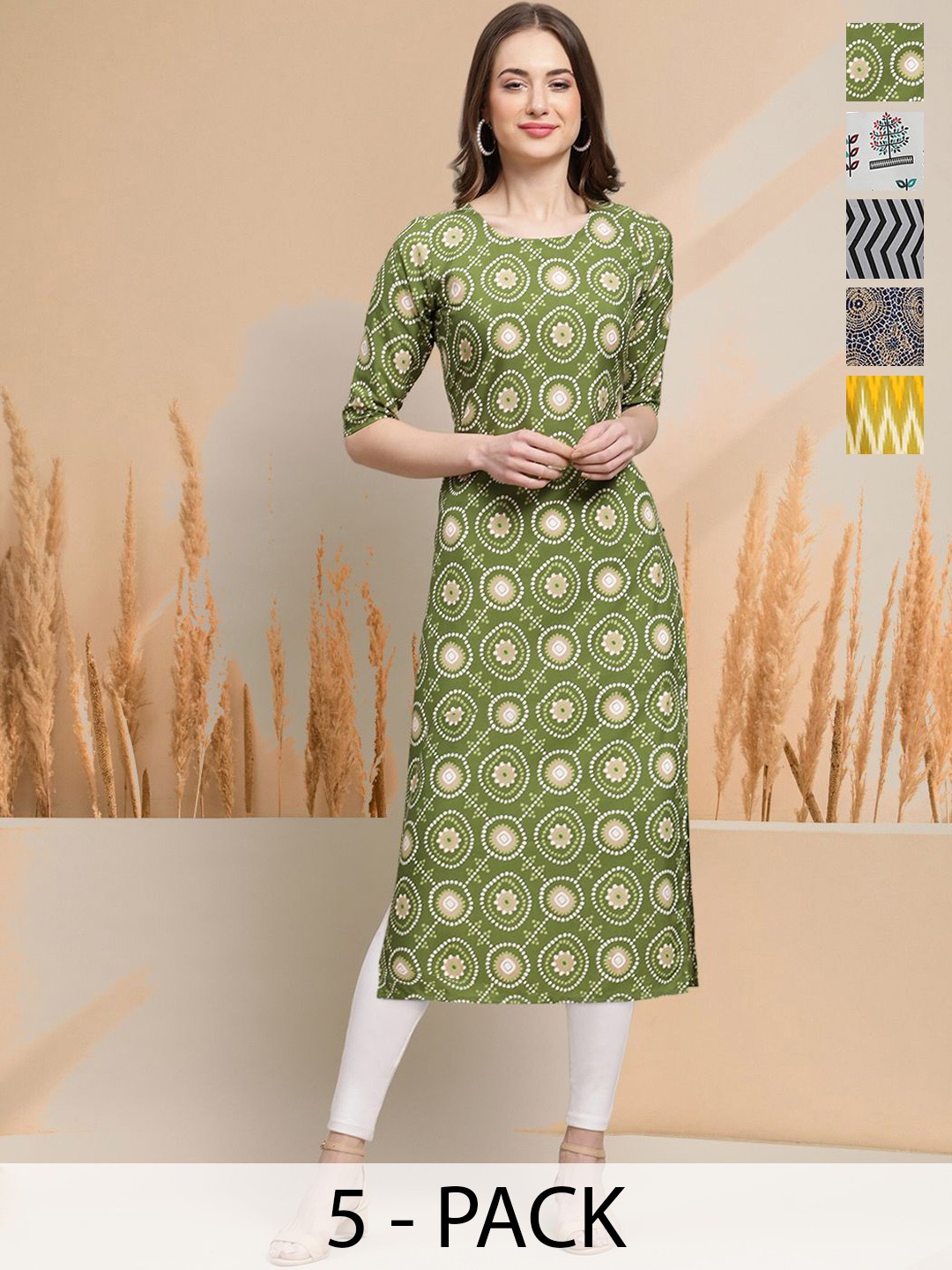 

7Threads Selection Of 5 Geometric Printed Round Neck Straight Kurtas, Green