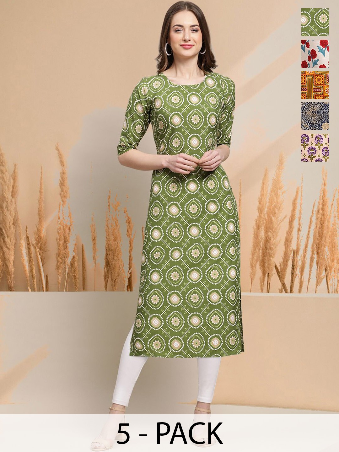 

7Threads Selection Of 5 Geometric Printed Round Neck Straight Kurtas, Green