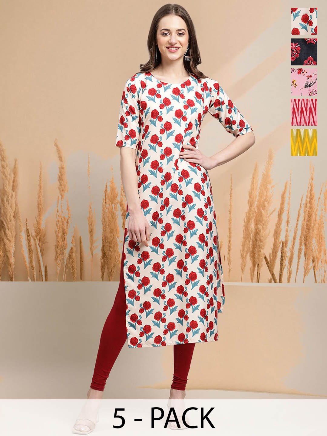 

7Threads Selection Of 5 Floral Printed Round Neck Straight Kurtas, White
