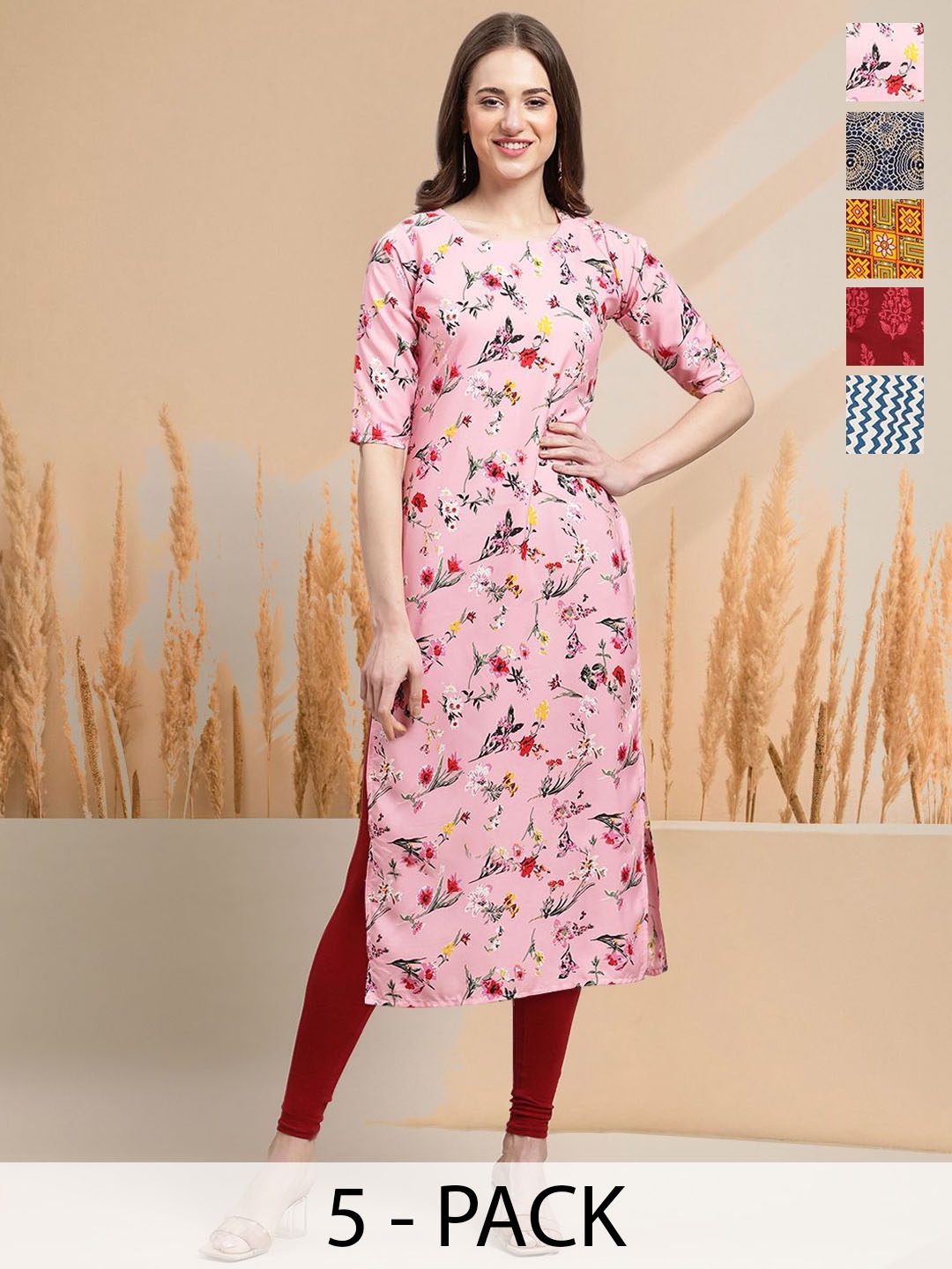 

7Threads Selection Of 5 Floral Printed Round Neck Straight Kurtas, Pink