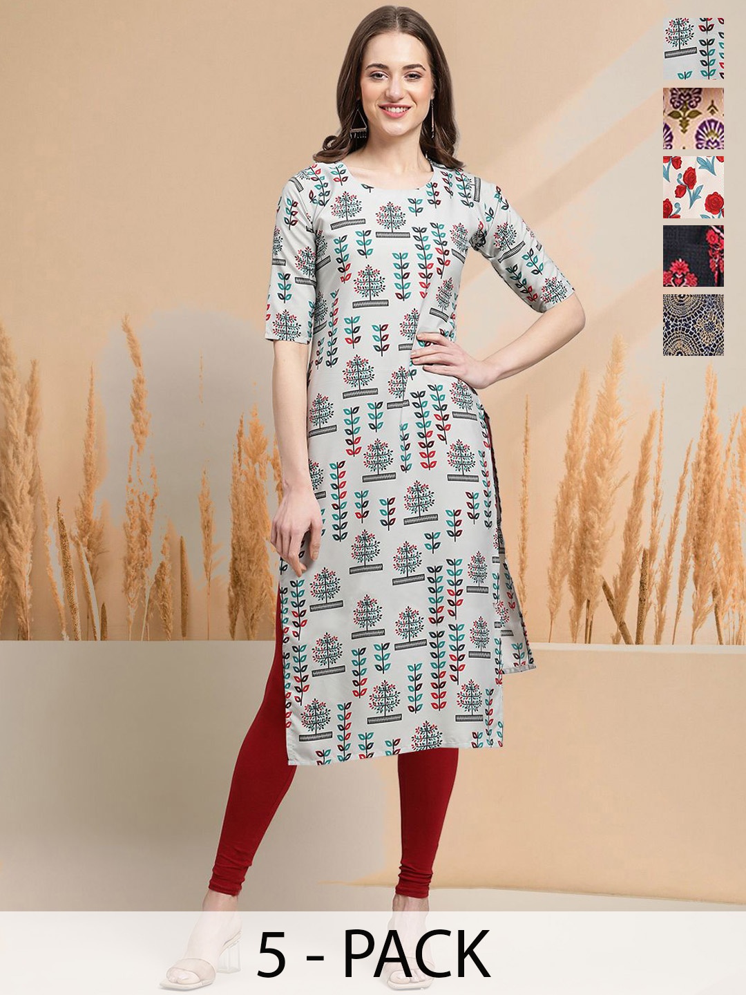 

7Threads Selection Of 5 Ethnic Motifs Printed Round Neck Kurta, Grey