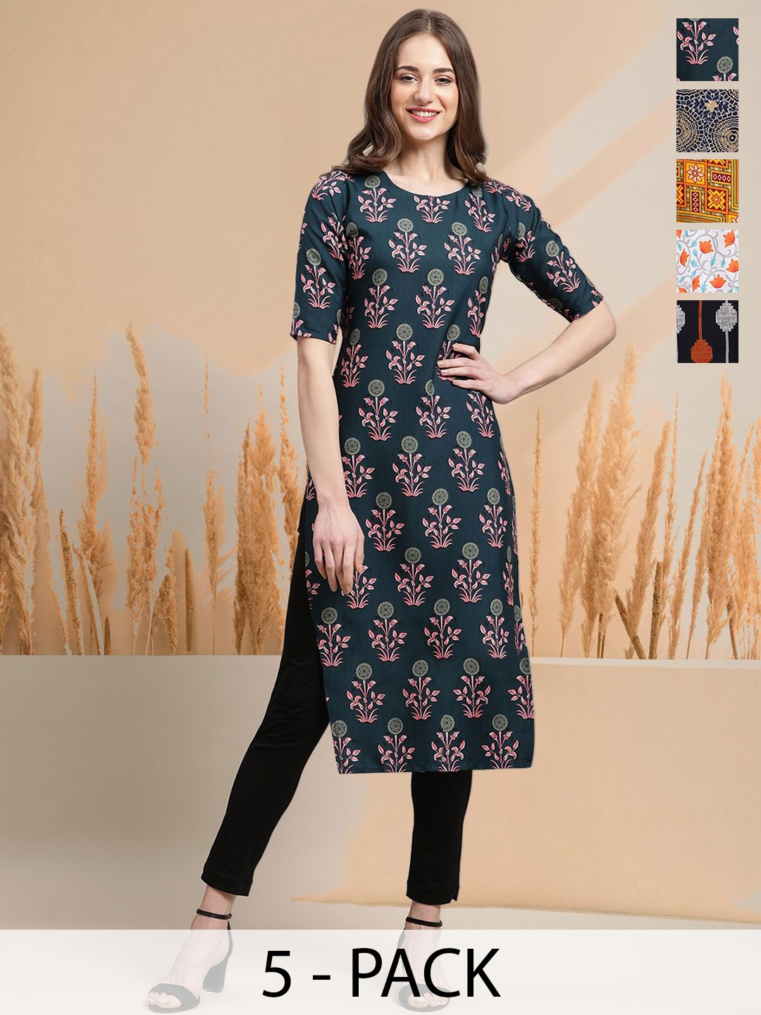 

7Threads Selection Of 5 Floral Printed Round Neck Straight Kurtas, Green
