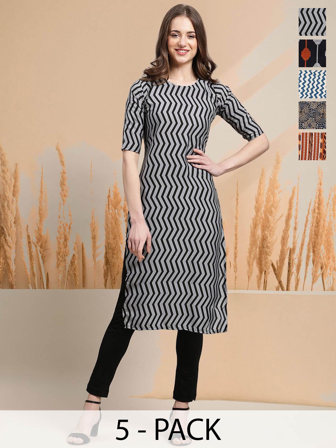

7Threads Selection of 5 Floral Chevron Round Neck Straight Kurtas, Grey