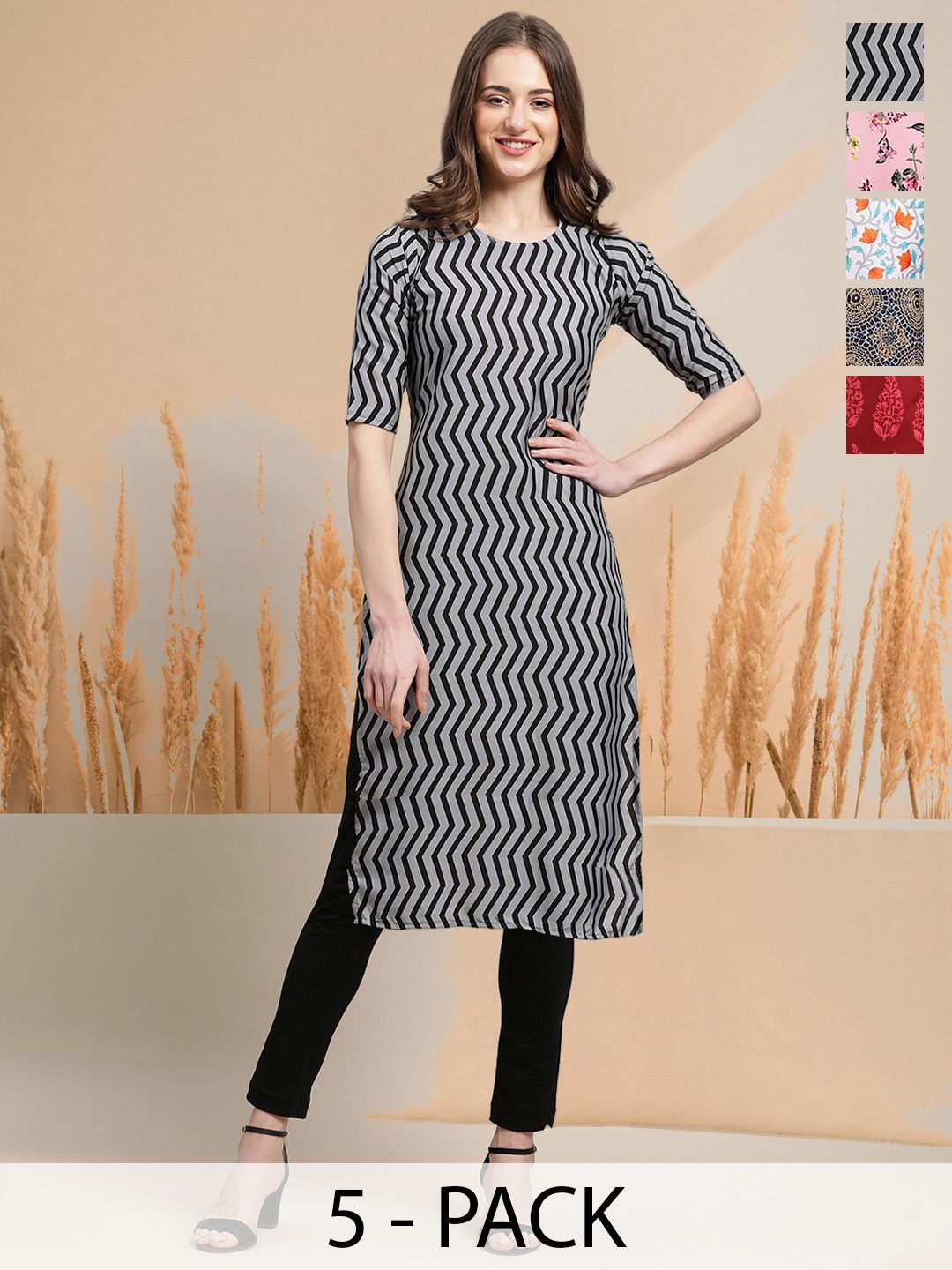 

7Threads Selection Of 5 Chevron Printed Round Neck Straight Kurtas, Grey