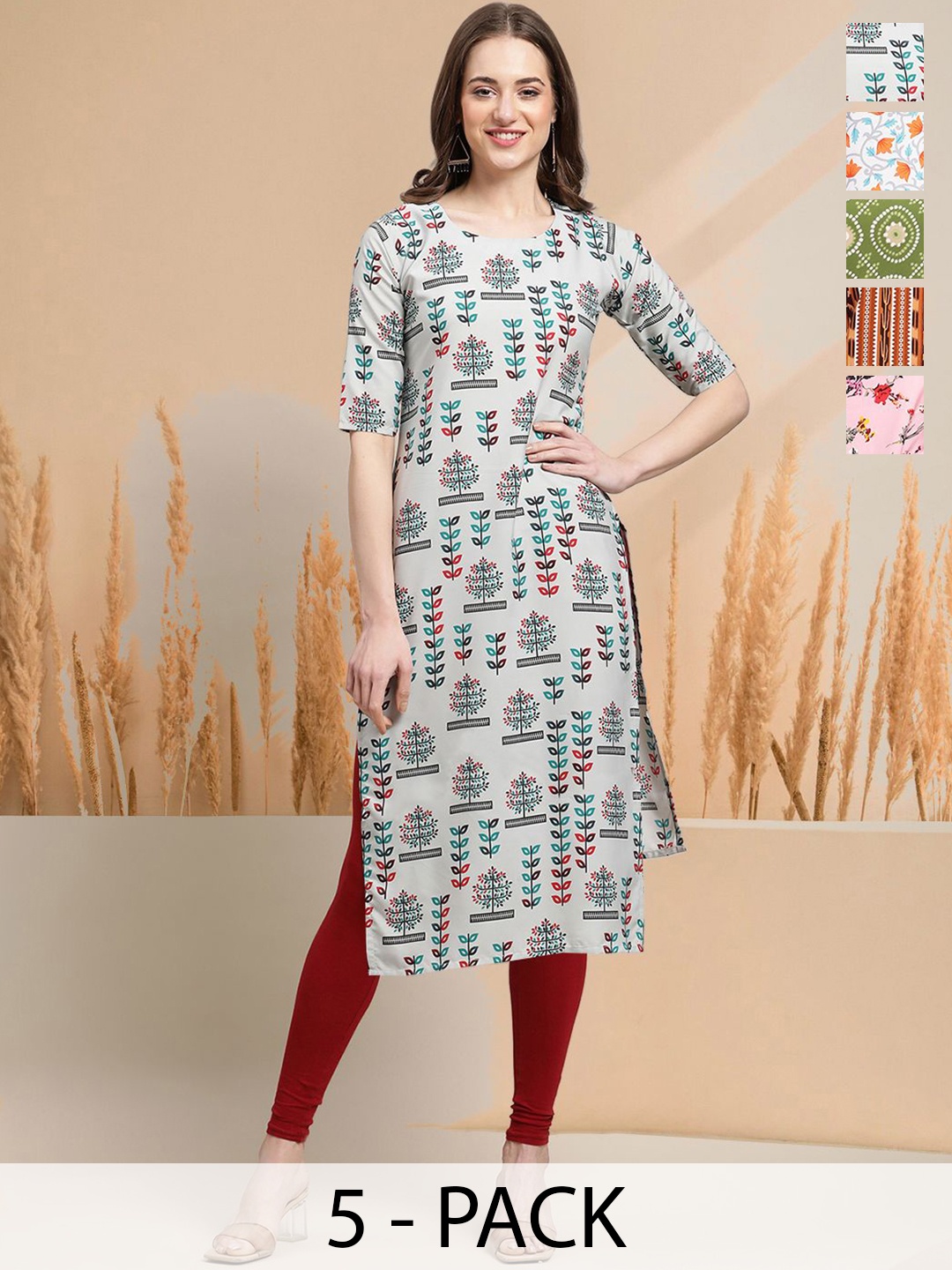 

7Threads Selection of 5 Floral Printed Round Neck Straight Kurtas, Grey