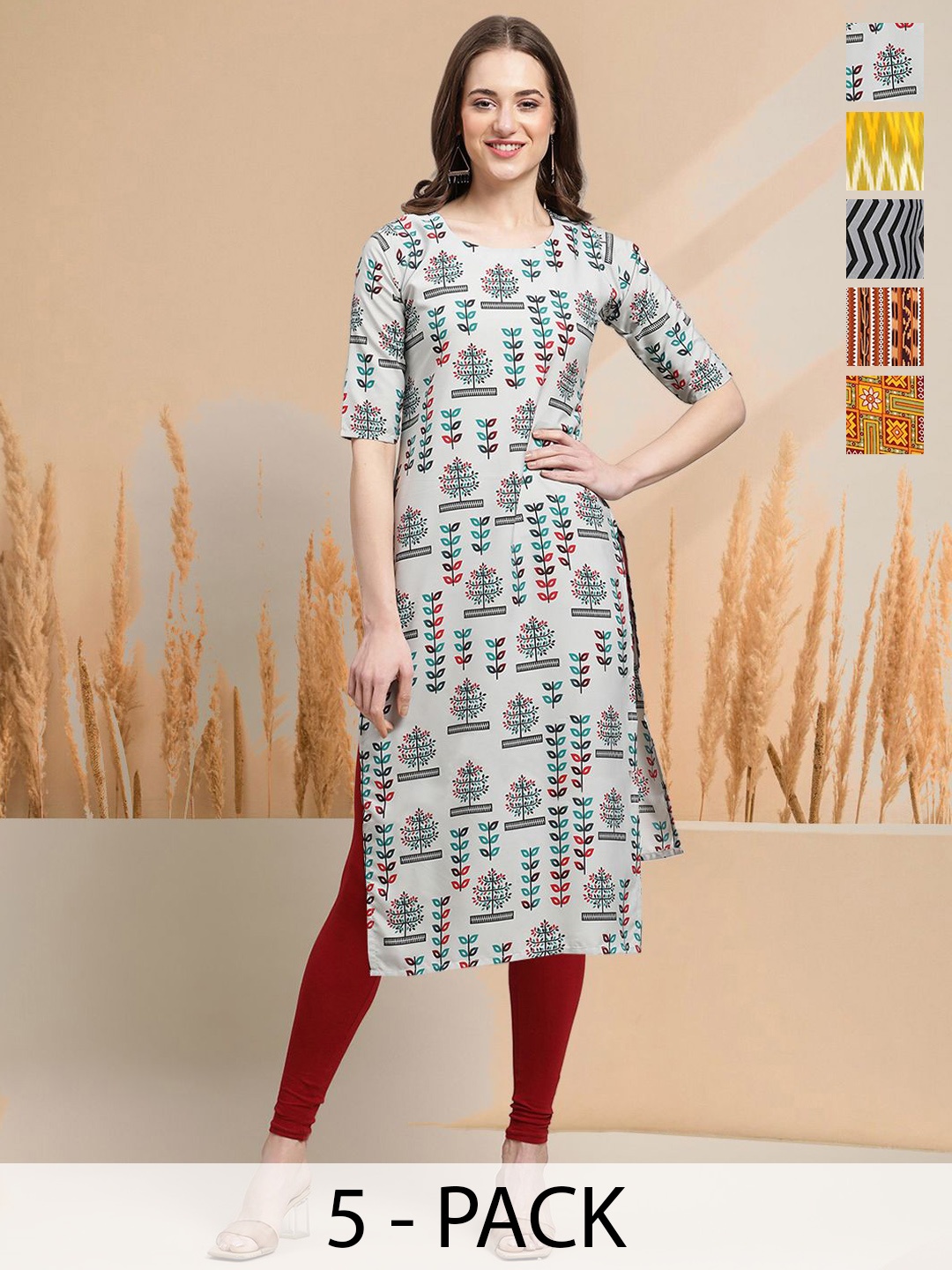

7Threads Selection Of 5 Ethnic Motifs Printed Round Neck Straight Kurtas, Grey