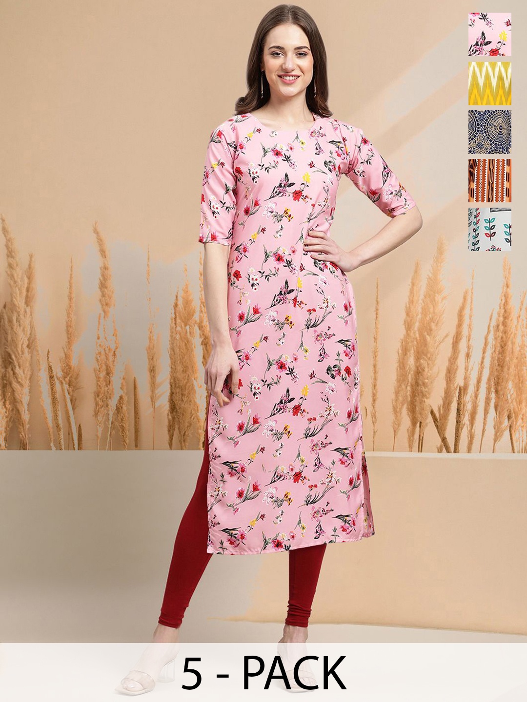 

7Threads Selection Of 5 Floral Printed Round Neck Straight Kurtas, Pink