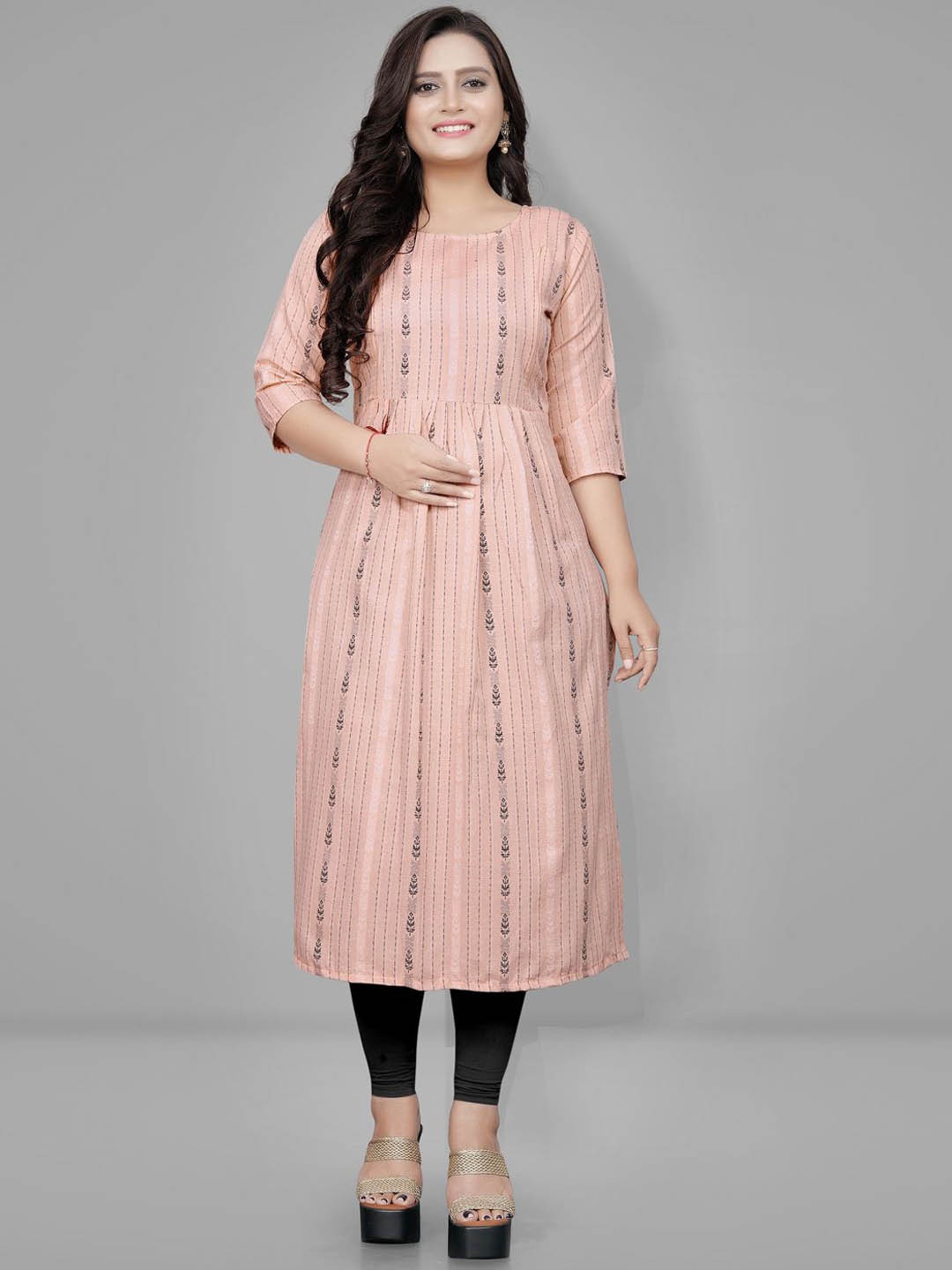 

Lerkiza Maternity Striped Round Neck Pure Cotton Anarkali Kurta, Peach