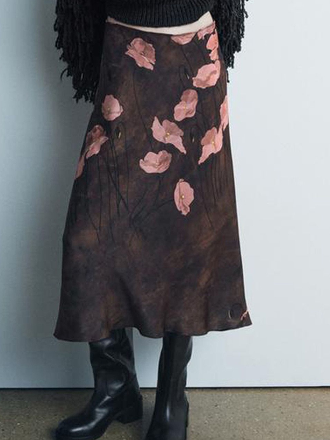 

LULU & SKY Floral Printed A-Line Midi Slip Skirt, Brown