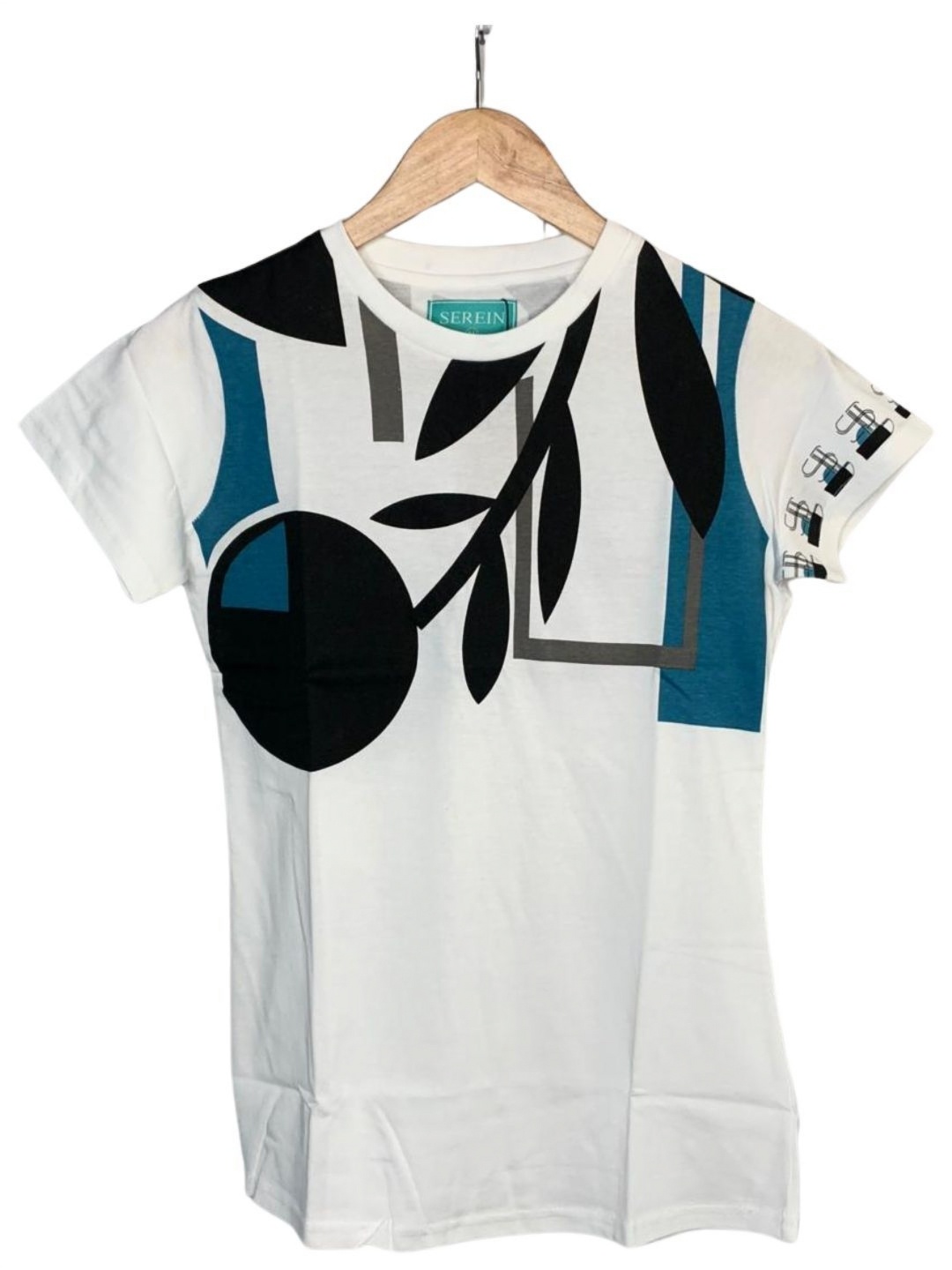 

SEREIN Women Geometric Printed Round Neck Cotton T-shirt, White